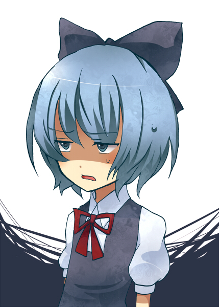 poka1120, cirno, embodiment of scarlet devil, touhou, bad id, bad pixiv id, 1girl, blue eyes, blue hair, bow, child, completely unamused, female focus, hair bow, matching hair/eyes, open mouth, ribbon, short hair, solo, sweat, unamused