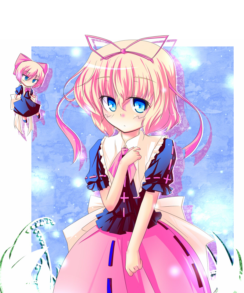 ikoo, medicine melancholy, su-san, touhou, 2girls, blonde hair, blue eyes, bow, doll, dress, female focus, flower, hair bow, hair ribbon, multiple girls, ribbon, short hair, solo