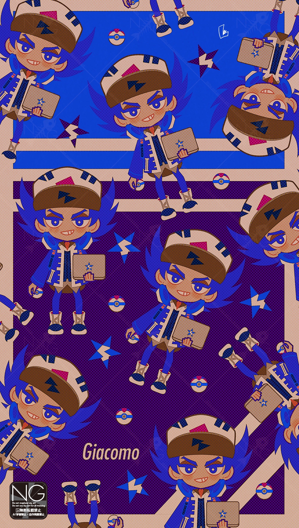 meme (sleepsheep), giacomo (pokemon), nintendo, pokemon, pokemon sv, highres, 1boy, baseball cap, black eyes, black sweater vest, black vest, blue hair, blue jacket, blue pants, blush, bright pupils, collared shirt, computer, english text, hat, headphones, headphones around neck, holding, holding laptop, holding poke ball, jacket, laptop, long sleeves, looking at viewer, male focus, open clothes, open jacket, open mouth, pants, pointy hair, poke ball, shirt, short hair, smile, sweater vest, teeth, timer ball, vest, white hat, white pupils, white shirt