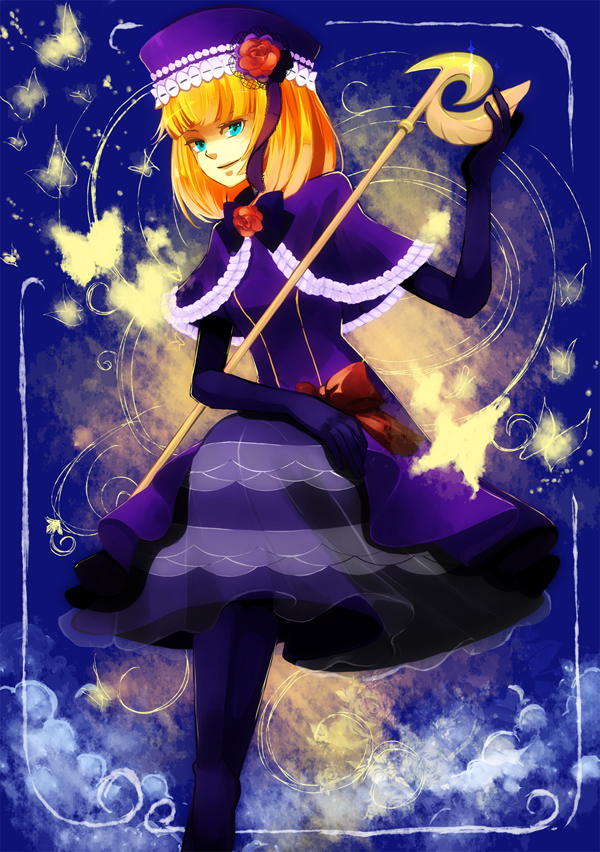 lento (water), eva beatrice, umineko no naku koro ni, 00s, 1girl, blue eyes, bow, bug, butterfly, dress, elbow gloves, female focus, flower, gloves, hat, orange hair, pantyhose, rose, solo, staff