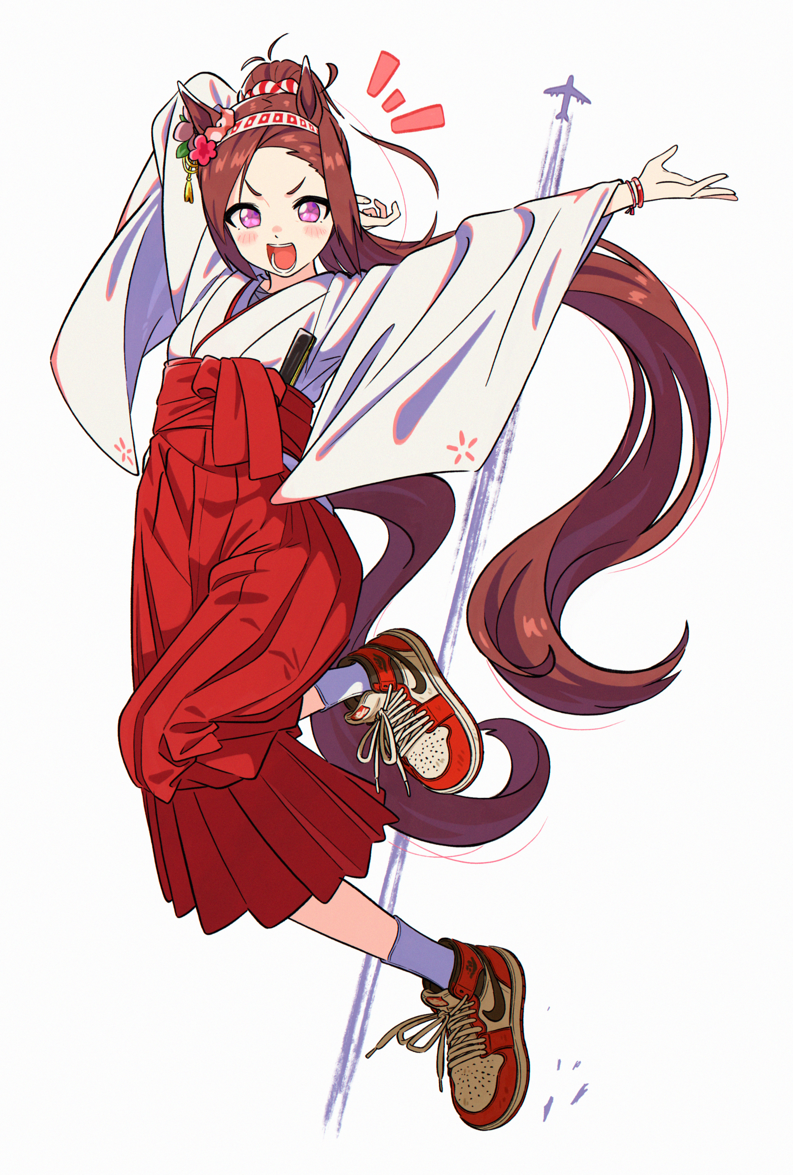 appleq, sakura bakushin o (umamusume), nike (company), umamusume, absurdres, highres, 1girl, animal ears, blush, brown hair, ear flower, flower, flower in eye, hair flower, hair ornament, hairband, hakama, hakama skirt, horse ears, horse girl, horse tail, japanese clothes, kimono, long hair, long sleeves, looking at viewer, miko, open mouth, ponytail, purple eyes, red hakama, shoes, skirt, smile, socks, solo, symbol in eye, tail, white kimono, white socks, wide sleeves