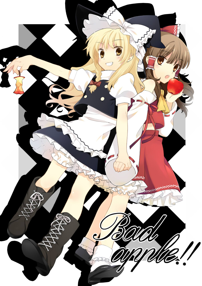 hanabana tsubomi, hakurei reimu, kirisame marisa, touhou, 2girls, apple, apple core, apron, bad apple!!, blonde hair, bloomers, bobby socks, boots, bow, brown eyes, brown hair, female focus, food, fruit, grin, hair bow, hat, holding hands, lace-up boots, looking at viewer, mary janes, multiple girls, shoes, smile, socks, underwear, waist apron, witch hat, yellow eyes