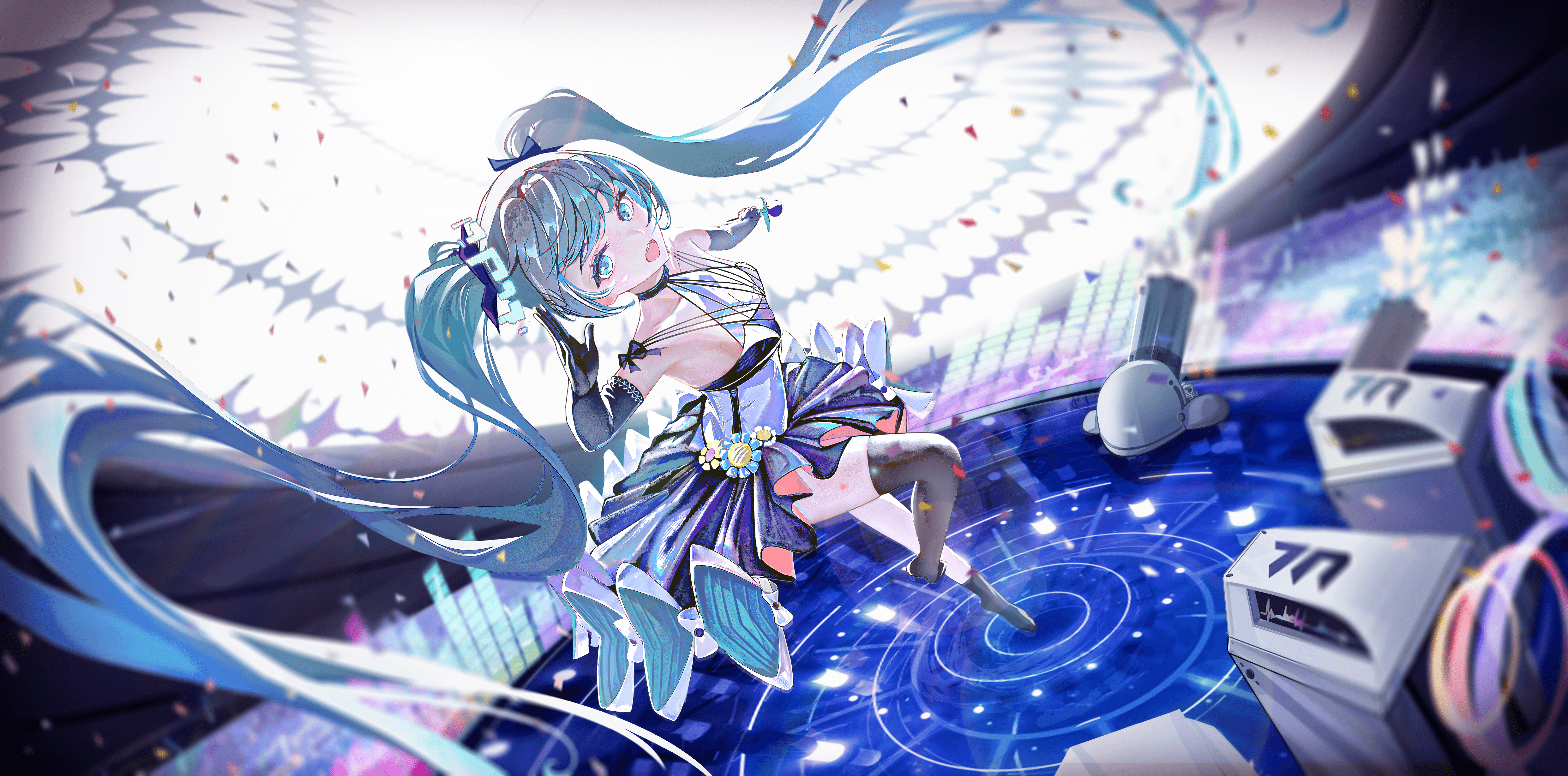 08096200, hatsune miku, hatsune miku (blue archive), blue archive, vocaloid, absurdres, commentary, english commentary, highres, 1girl, aqua eyes, aqua hair, aqua halo, bare shoulders, black gloves, black skirt, black thighhighs, collarbone, dress, elbow gloves, floating hair, full body, gloves, hair between eyes, halo, long hair, looking at viewer, open mouth, skirt, sleeveless, sleeveless dress, smile, thighhighs, tilted halo, very long hair