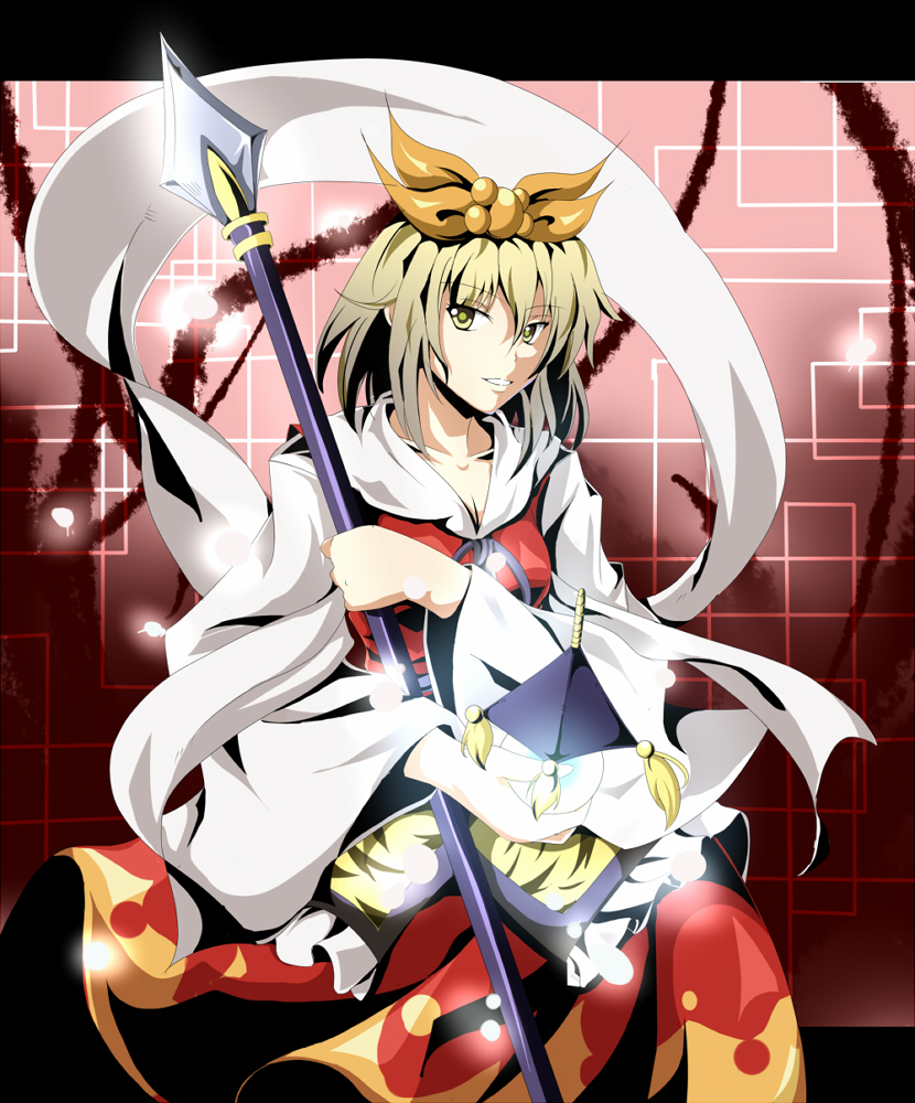 shino (moment), toramaru shou, touhou, 1girl, bishamonten's pagoda, blonde hair, breasts, cleavage, female focus, hair ornament, polearm, shawl, solo, spear, weapon, yellow eyes