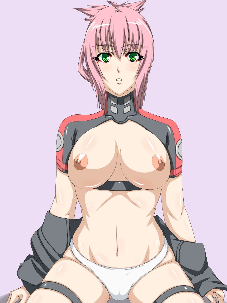 toya (yuyasilust), amanda werner, blassreiter, highres, 00s, 1girl, blush, breasts, cleavage, female focus, green eyes, large breasts, looking at viewer, nipples, panties, pink hair, short hair, simple background, solo, underwear