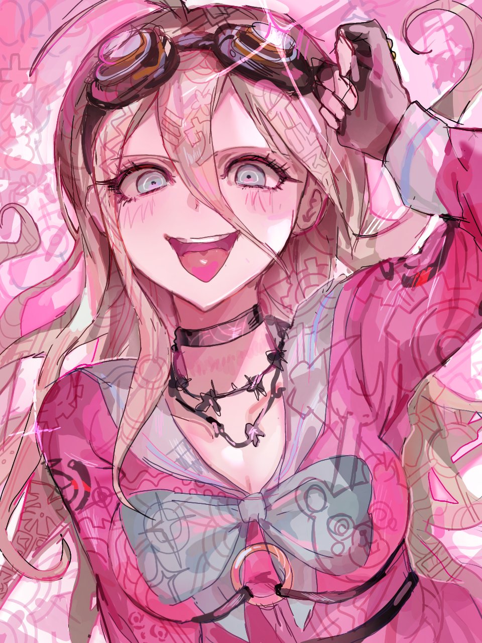 iruma miu, danganronpa (series), danganronpa v3: killing harmony, highres, 1girl, antenna hair, blonde hair, breasts, choker, gahagahay526, gloves, goggles, goggles on head, grey eyes, hair between eyes, hand up, large breasts, long hair, long sleeves, open mouth, shirt, smile