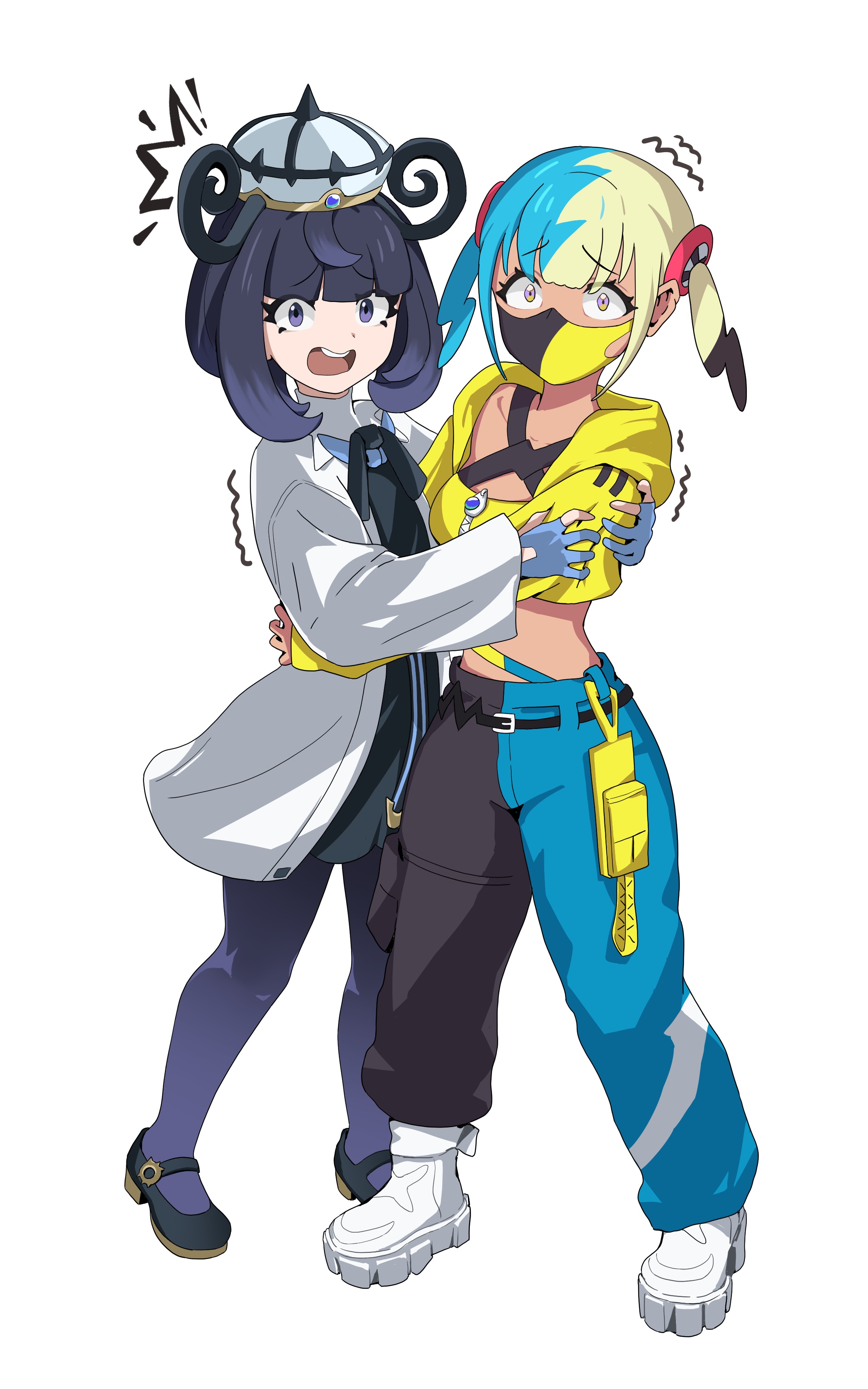 canari (pokemon), gwynn (pokemon), nintendo, pokemon, pokemon legends: z-a, absurdres, commentary request, highres, 2girls, bandeau, belt, black belt, black dress, black hair, black shoes, blunt bangs, coat, cropped jacket, dress, hat, hood, hood down, hooded jacket, hug, jacket, looking at viewer, mask, medium hair, mouth mask, multicolored hair, multiple girls, open clothes, open coat, open jacket, open mouth, pants, pantyhose, raised inner eyebrows, scared, shoes, siluvia, simple background, standing, teeth, trembling, twintails, upper teeth only, white shoes, yellow bandeau, yellow jacket, zipper, zipper pull tab