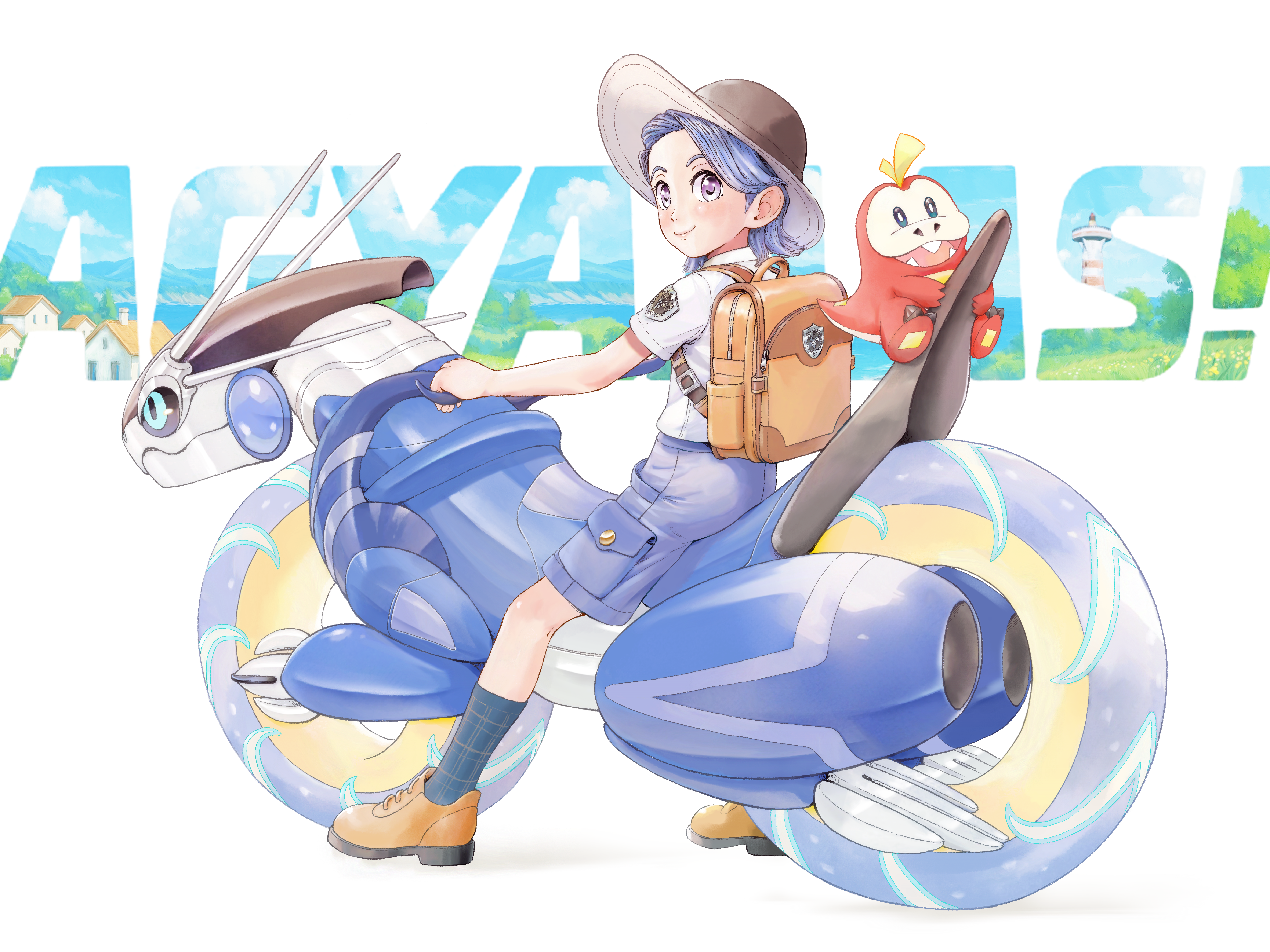 momo oddeye, fuecoco, miraidon, nintendo, pokemon, pokemon sv, absurdres, commentary request, highres, 1boy, backpack, bag, black socks, brown bag, brown hat, brown shoes, closed mouth, hat, looking to the side, male focus, pokemon (creature), purple shorts, riding, riding pokemon, school uniform, shirt, shoes, short sleeves, shorts, sitting, smile, socks, white shirt