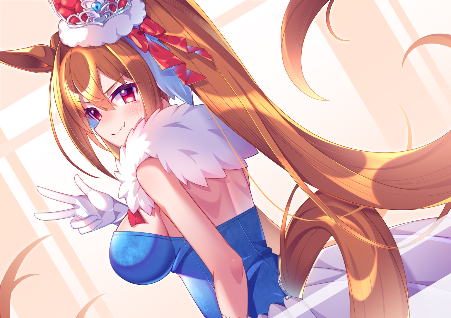 mate (oktavia1121), daiwa scarlet (umamusume), umamusume, 1girl, animal ears, blue shirt, blue skirt, blush, breasts, brown hair, closed mouth, crown, ear covers, ear through crown, fang, gloves, hair between eyes, hair intakes, horse ears, horse girl, horse tail, large breasts, long hair, looking at viewer, red eyes, shirt, single ear cover, skin fang, skirt, solo, strapless, strapless shirt, tail, twintails, very long hair, w, white gloves