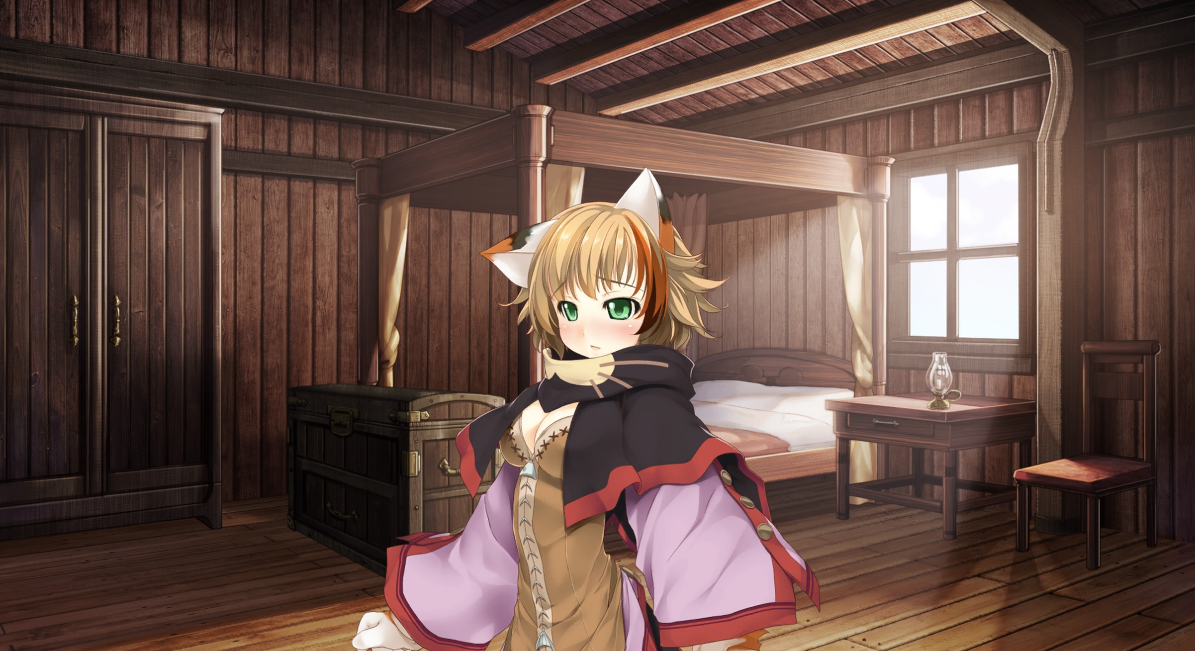 atelier-moo, feline sora, wizards symphony, absurdres, game cg, highres, non-web source, official art, 1girl, :<, animal ears, animal hands, bed, black capelet, blush, breasts, brown bustier, brown hair, bustier, capelet, cat ears, cat girl, cat paws, ceiling, chair, cleavage, clenched hands, closed mouth, colored tips, cowboy shot, curtains, embarrassed, flipped hair, fluffy, gloves, green eyes, hair between eyes, indoors, lamp, large breasts, long sleeves, multicolored gloves, multicolored hair, paw gloves, raised inner eyebrows, short hair, solo, standing, two-tone gloves, white gloves, wide sleeves, window, wooden box, wooden ceiling, wooden chair, wooden floor, wooden wall