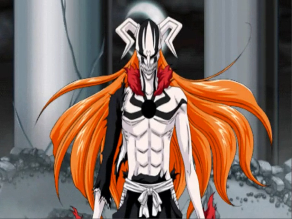 hollow ichigo, kurosaki ichigo, shirosaki hichigo, zangetsu (bleach), bleach, bad aspect ratio, resized, 00s, 1boy, colored skin, horns, long hair, male focus, solo, torn clothes, white skin