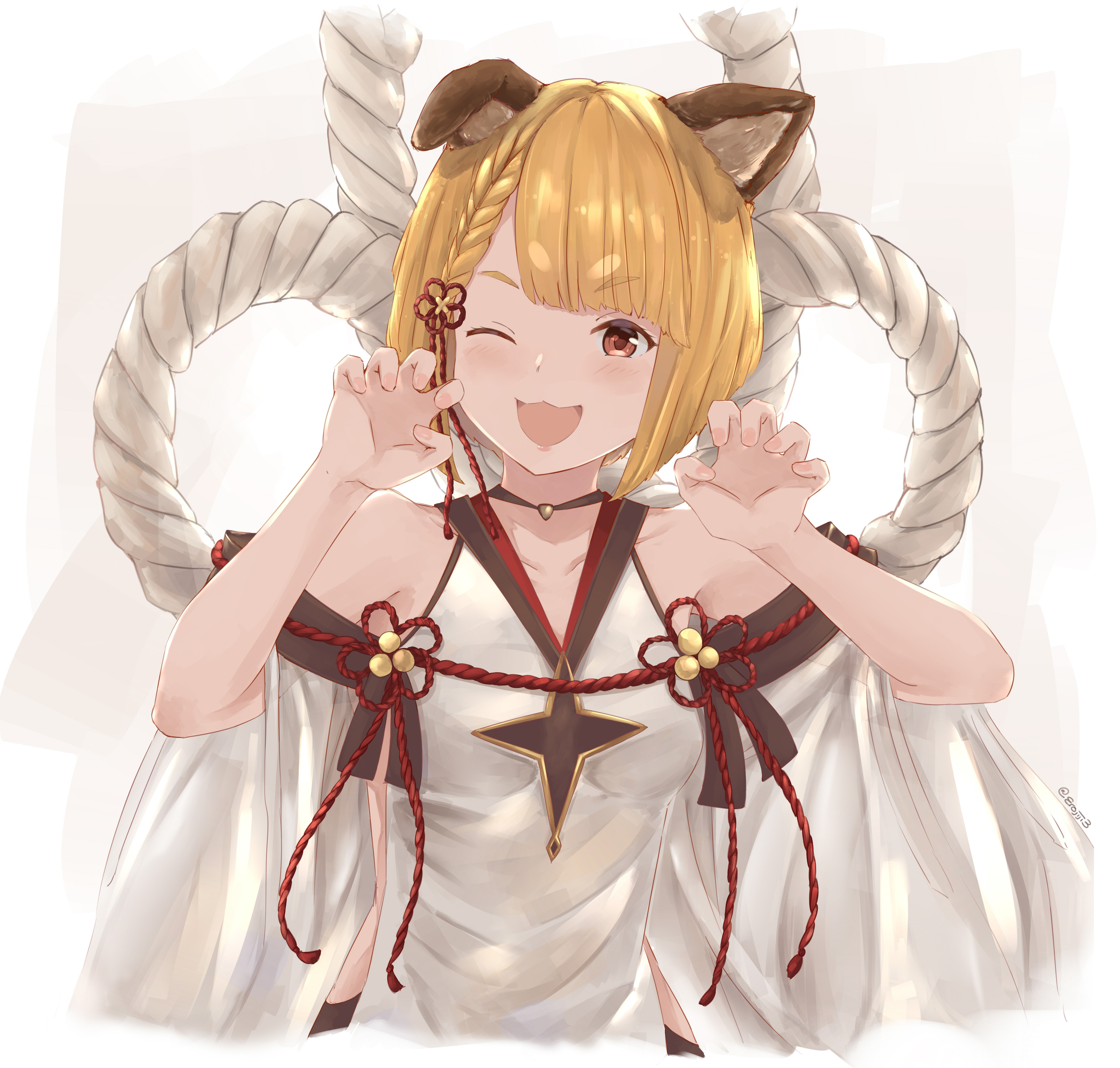 rizuki suwoto, vajra (granblue fantasy), granblue fantasy, absurdres, commentary, english commentary, highres, 1girl, ;3, animal ear fluff, animal ears, arms up, blonde hair, blunt ends, braid, breasts, brown eyes, claw pose, collarbone, dog girl, erune, fingernails, grey background, hair ribbon, midriff, nail polish, one eye closed, pink lips, pink nails, red ribbon, ribbon, rope, shimenawa, short hair, small breasts, solo, tabard, tassel, twitter username, upper body