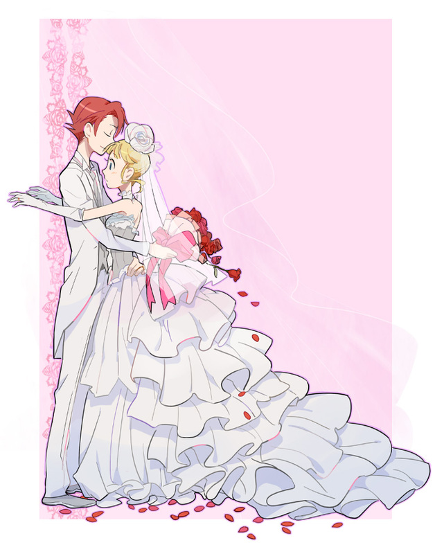 kazune (baumkuchen), beatrice (umineko), ushiromiya battler, umineko no naku koro ni, 00s, 1boy, 1girl, blonde hair, blush, bouquet, bridal veil, bride, couple, dress, elbow gloves, flower, formal clothes, frills, gloves, gown, hetero, kiss, petals, red hair, rose, rose petals, sleeveless, smile, suit, too many, veil, wedding dress
