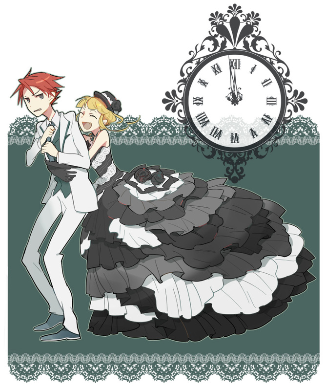 kazune (baumkuchen), beatrice (umineko), ushiromiya battler, umineko no naku koro ni, 00s, 1boy, 1girl, blonde hair, clock, closed eyes, couple, dress, elbow gloves, fang, flower, formal clothes, frills, gloves, gown, hat, hetero, hug, necktie, red hair, rose, sleeveless, smile, suit, too many