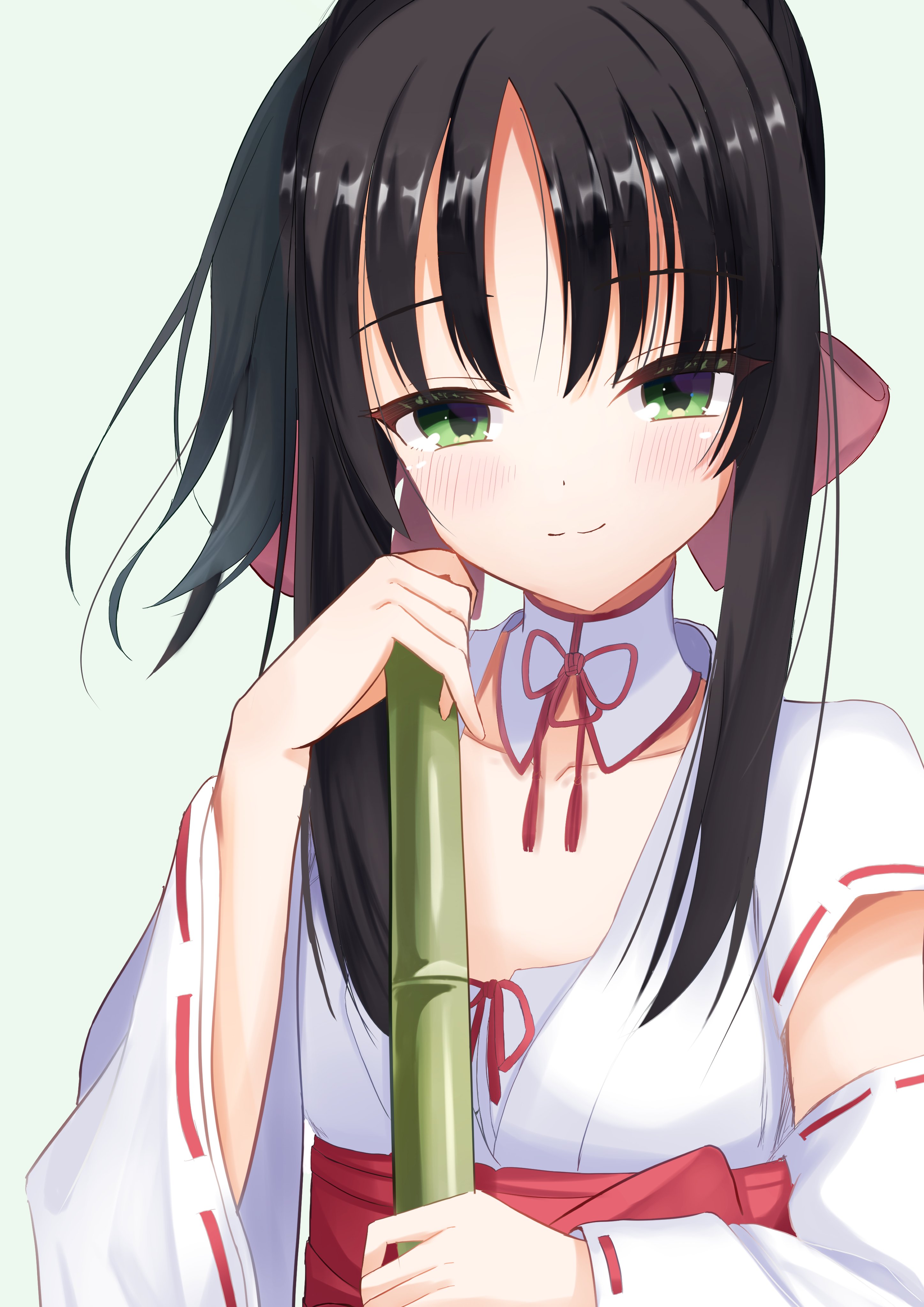 kiki0319i, hitachi mako, tomotake yoshino, senren banka, absurdres, commentary request, highres, 1girl, :3, black hair, blush, bow, broom, closed mouth, collarbone, colored eyelashes, cosplay, detached collar, detached sleeves, green background, green eyes, hair between eyes, hair bow, hakama, hands up, holding, holding broom, huge bow, japanese clothes, kimono, long sleeves, looking at viewer, nontraditional miko, pink bow, red hakama, ribbon-trimmed sleeves, ribbon trim, short hair with long locks, simple background, smile, solo, split mouth, straight hair, tassel, tomotake yoshino (cosplay), upper body, white kimono, wide sleeves