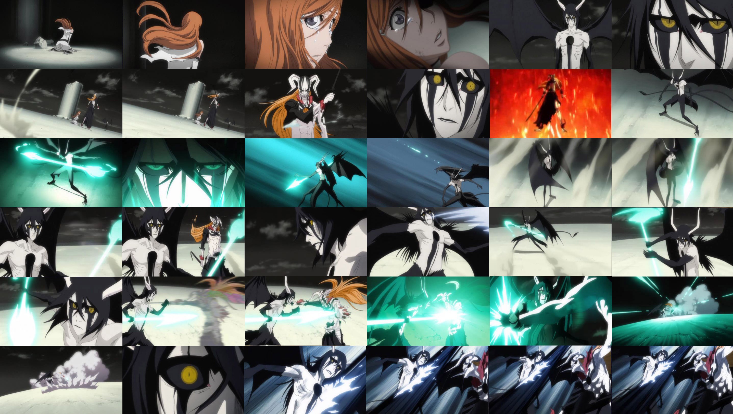 hollow ichigo, inoue orihime, kurosaki ichigo, ulquiorra cifer, bleach, screencap, highres, 00s, 1boy, 1girl, arrancar, hollow (bleach), horns, long hair, number tattoo, resurreccion, resurreccion: segunda etapa, tattoo, wings