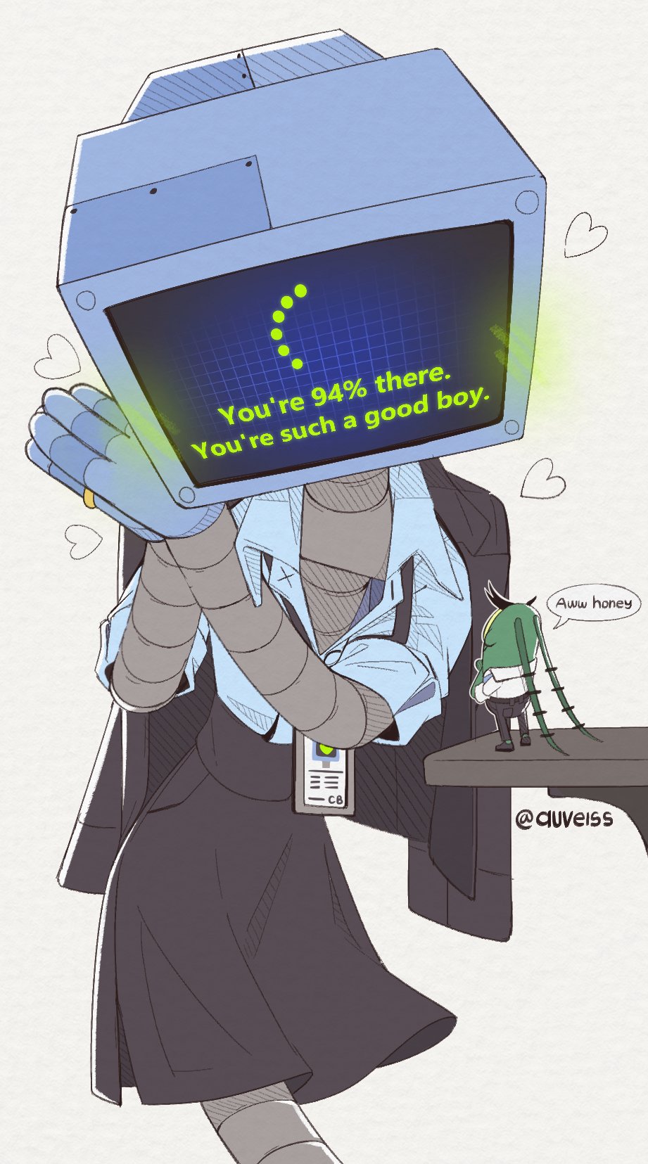 auveiss, karen (spongebob), plankton (spongebob), spongebob squarepants (series), highres, 1boy, 1girl, artist name, black pants, black skirt, collared shirt, english text, heart, jacket, jacket on shoulders, jewelry, loading screen, own hands together, pants, ring, robot, robot girl, shirt, shirt tucked in, simple background, skirt, standing, television, white background, white shirt