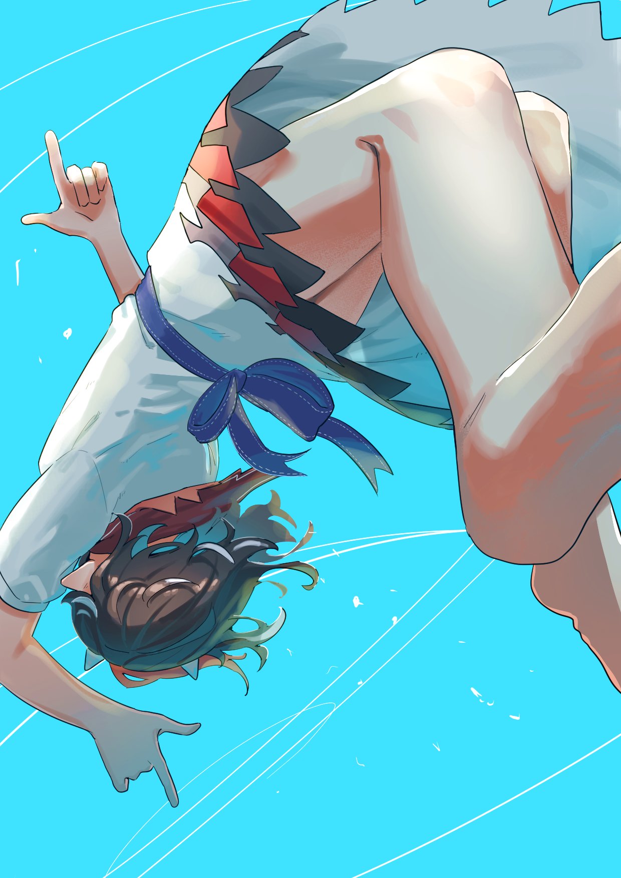 sobayu to tenpura, kijin seija, touhou, highres, 1girl, arrow print, barefoot, black dress, black hair, blue background, blue bow, blue sash, bow, cone horns, dress, from above, from behind, horns, midair, multicolored dress, multicolored hair, pointing, pointing down, pointing up, pointy ears, red dress, red hair, sash, short hair, solo, streaked hair, tenkyuu chimata pose, upside-down, upskirt, white dress, white hair
