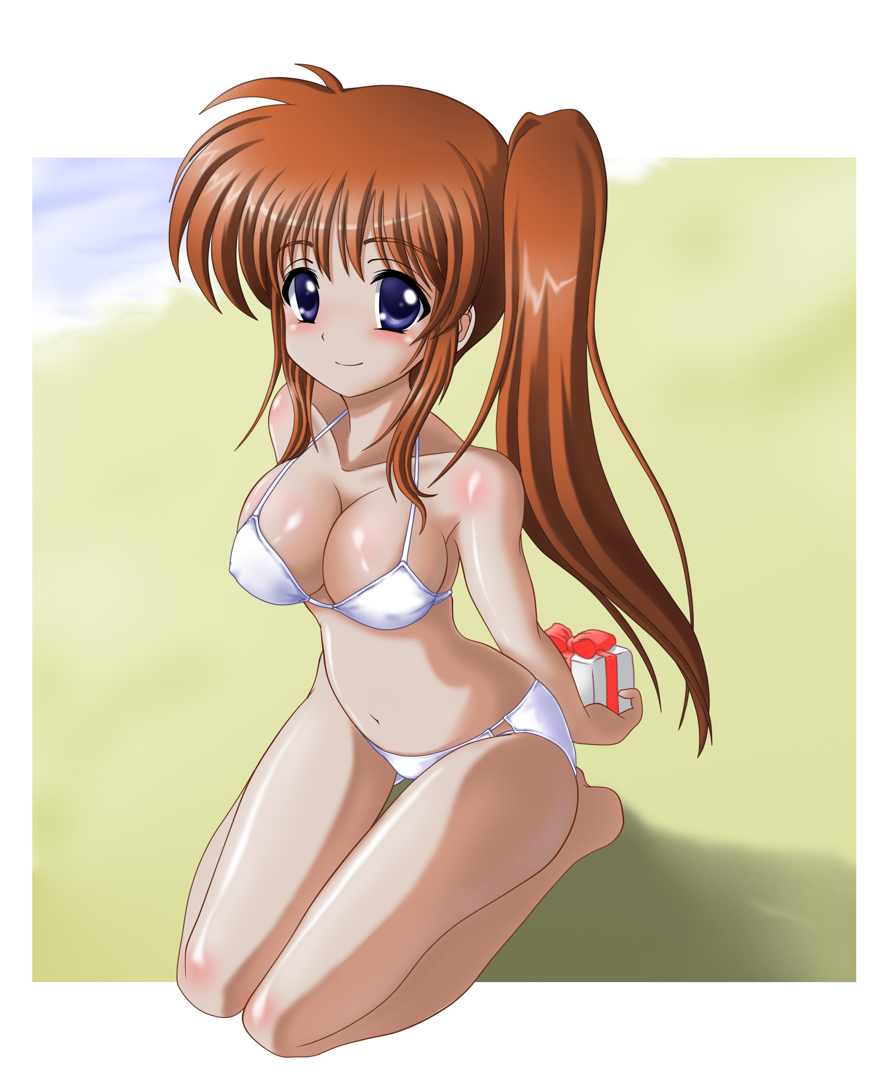 final (artist), narurun (final123), takamachi nanoha, lyrical nanoha, mahou shoujo lyrical nanoha, mahou shoujo lyrical nanoha strikers, highres, 00s, 1girl, barefoot, beach, bikini, blue eyes, breasts, brown hair, cleavage, female focus, gift, holding, holding gift, kneeling, long hair, medium breasts, purple eyes, seiza, side ponytail, sitting, smile, solo, swimsuit