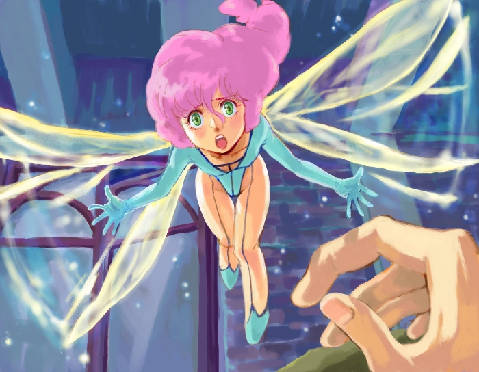 aji nori, cham fau, seisenshi dunbine, 1980s (style), bad id, bad pixiv id, 1girl, fairy, flying, green eyes, leotard, long hair, mini person, minigirl, oldschool, open mouth, pink hair, retro artstyle, solo focus, wings
