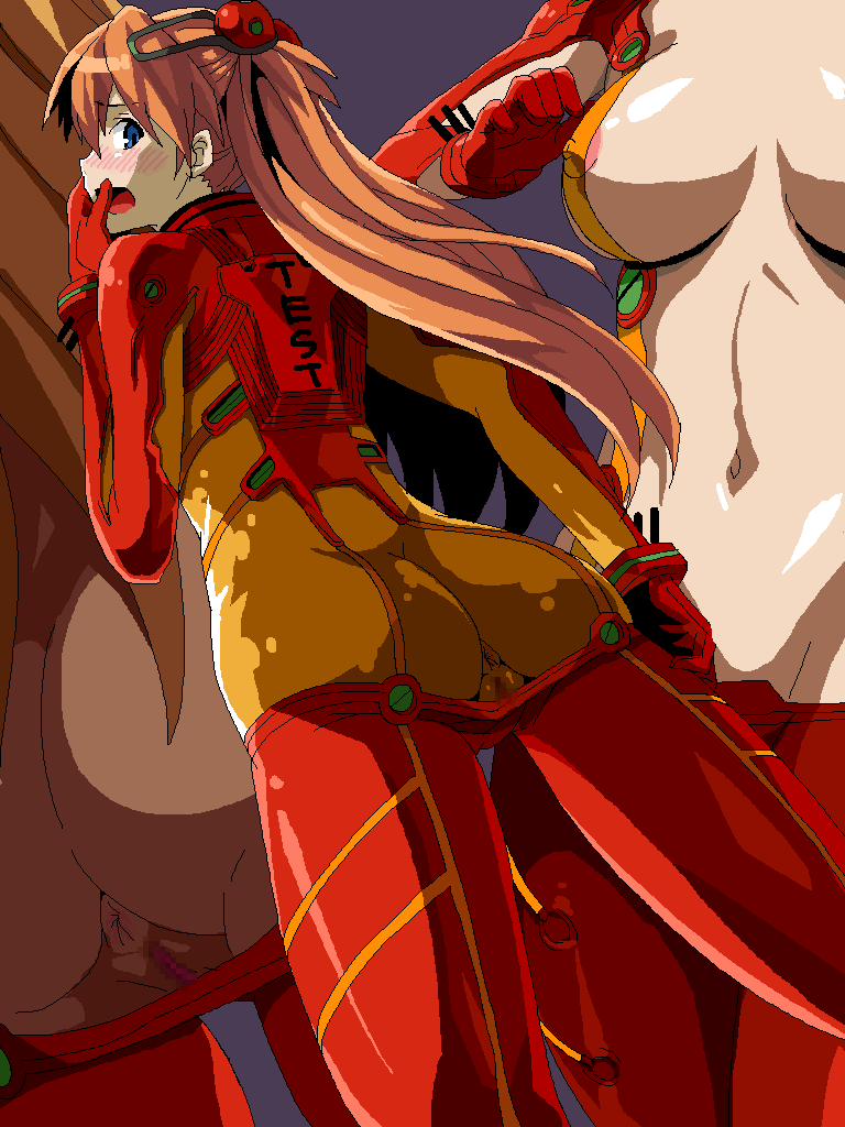 shin'ya (shin'yanchi), souryuu asuka langley, evangelion: 2.0 you can (not) advance, neon genesis evangelion, rebuild of evangelion, alternate breast size, 00s, 1girl, anus, areola slip, ass, ass focus, blue eyes, blush, bodysuit, breasts, censored, center opening, close-up, covered erect nipples, embarrassed, female focus, from below, large breasts, looking back, looking down, mecha pilot suit, multiple views, navel, nervous, oekaki, open clothes, open mouth, orange hair, partially visible anus, partially visible vulva, plugsuit (evangelion), pussy, see-through bodysuit, see-through clothes, shiny clothes, shiny skin, skin tight, test plugsuit (evangelion), twintails, wide hips