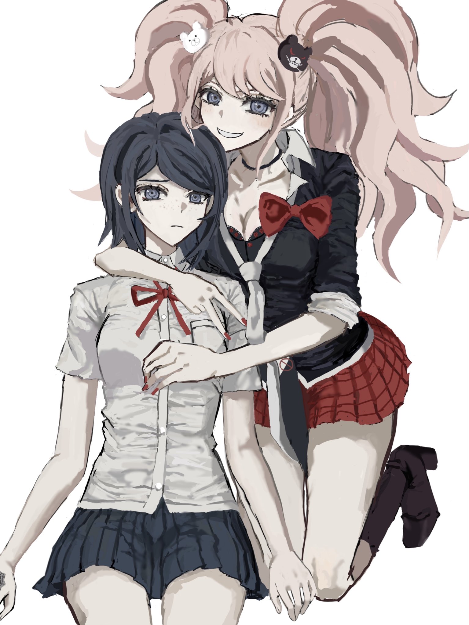 enoshima junko, ikusaba mukuro, danganronpa: trigger happy havoc, danganronpa (series), commentary request, highres, 2girls, bear hair ornament, black hair, black shirt, black skirt, blonde hair, bow, breasts, cleavage, freckles, hair ornament, long hair, miniskirt, multiple girls, neck ribbon, necktie, plaid clothes, plaid skirt, pleated skirt, red bow, red ribbon, red skirt, ribbon, rom9461, school uniform, shirt, short hair, siblings, simple background, sisters, skirt, smile, twintails, white shirt