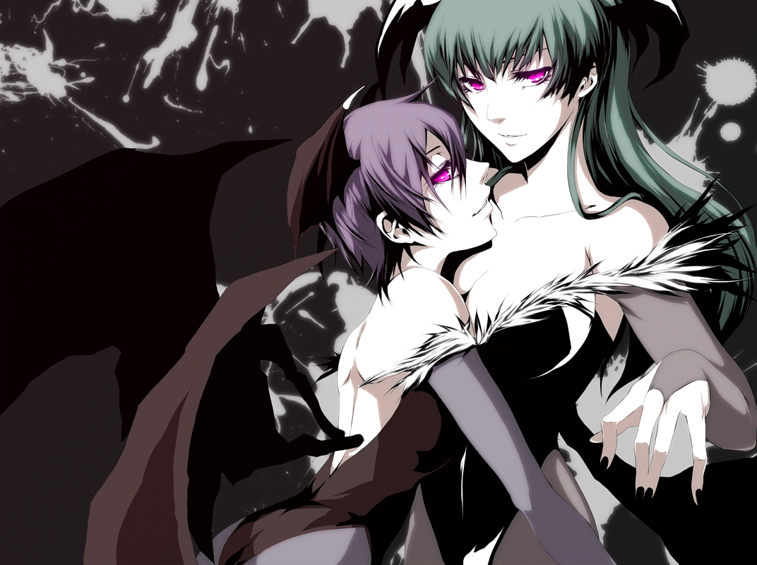 iwamoto eiri, lilith (darkstalkers), morrigan aensland, capcom, darkstalkers, bad id, bad pixiv id, 2girls, bridal gauntlets, demon girl, female focus, green hair, head wings, multiple girls, pantyhose, purple eyes, purple hair, wings, yuri