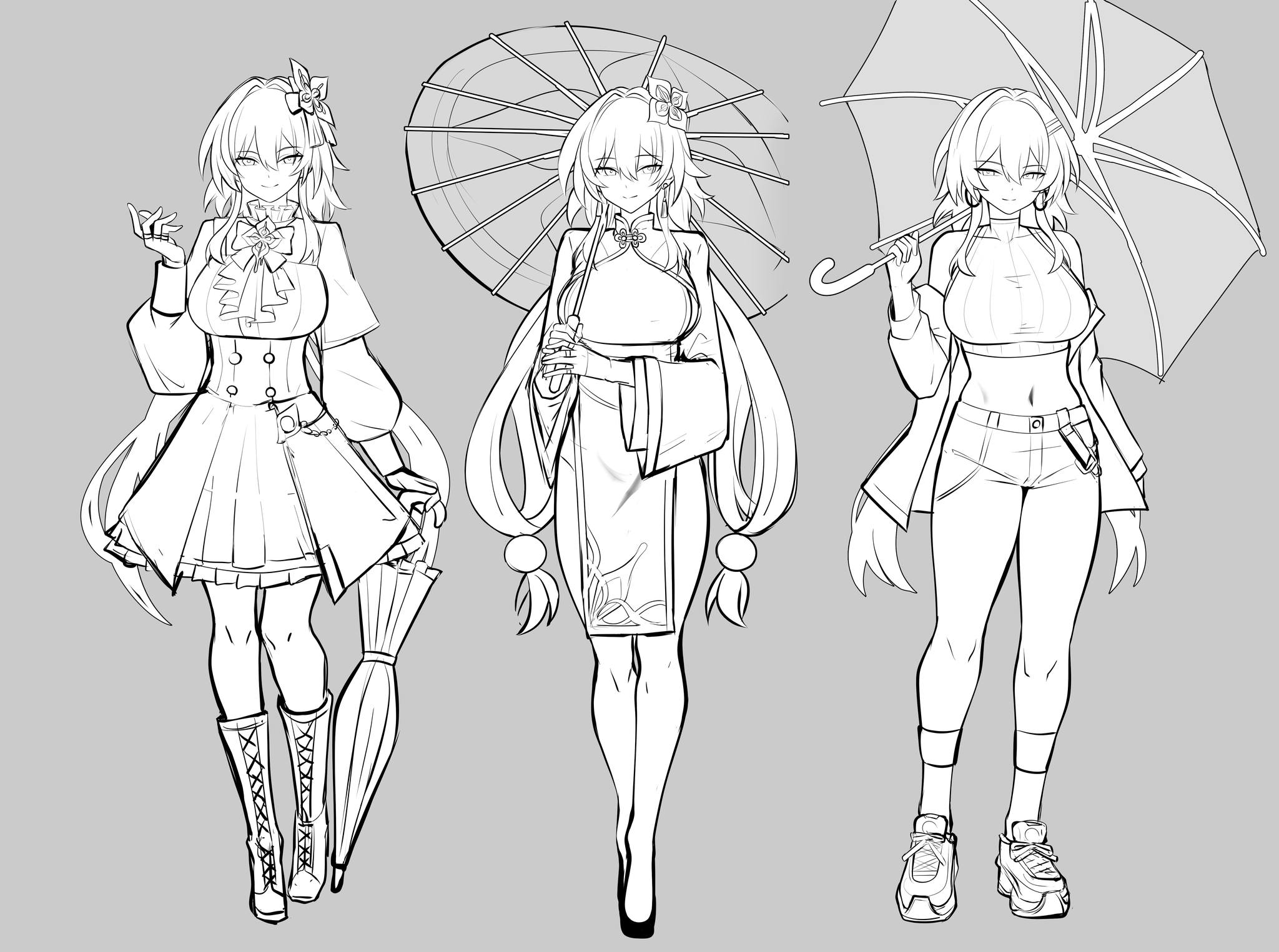 bonz0616, evernight (honkai: star rail), march 7th (honkai: star rail), honkai: star rail, honkai (series), highres, 1girl, boots, flower, hair flower, hair ornament, long hair, looking at viewer, midriff, multiple views, oil-paper umbrella, pants, skirt, smile, twintails, umbrella