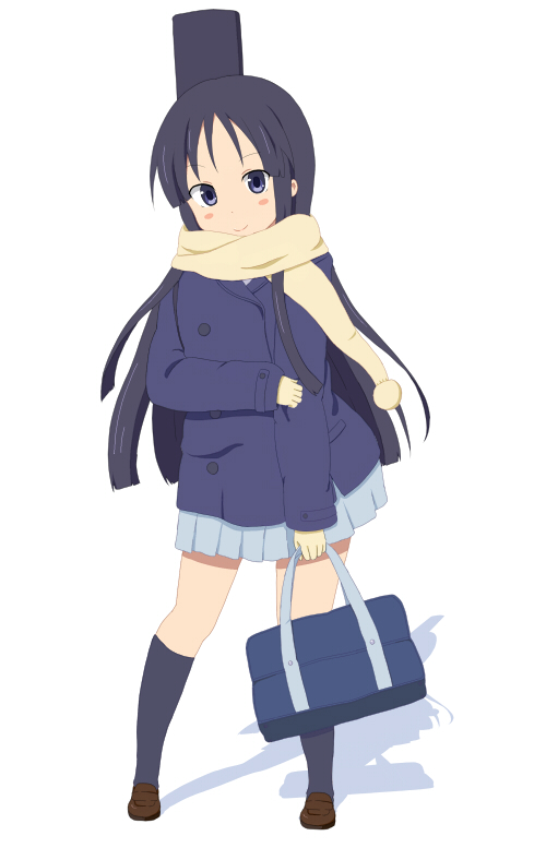 goro (reiremi), akiyama mio, k-on!, bad id, bad pixiv id, 00s, 1girl, bag, black hair, blue eyes, female focus, full body, long hair, scarf, school uniform, solo, white background