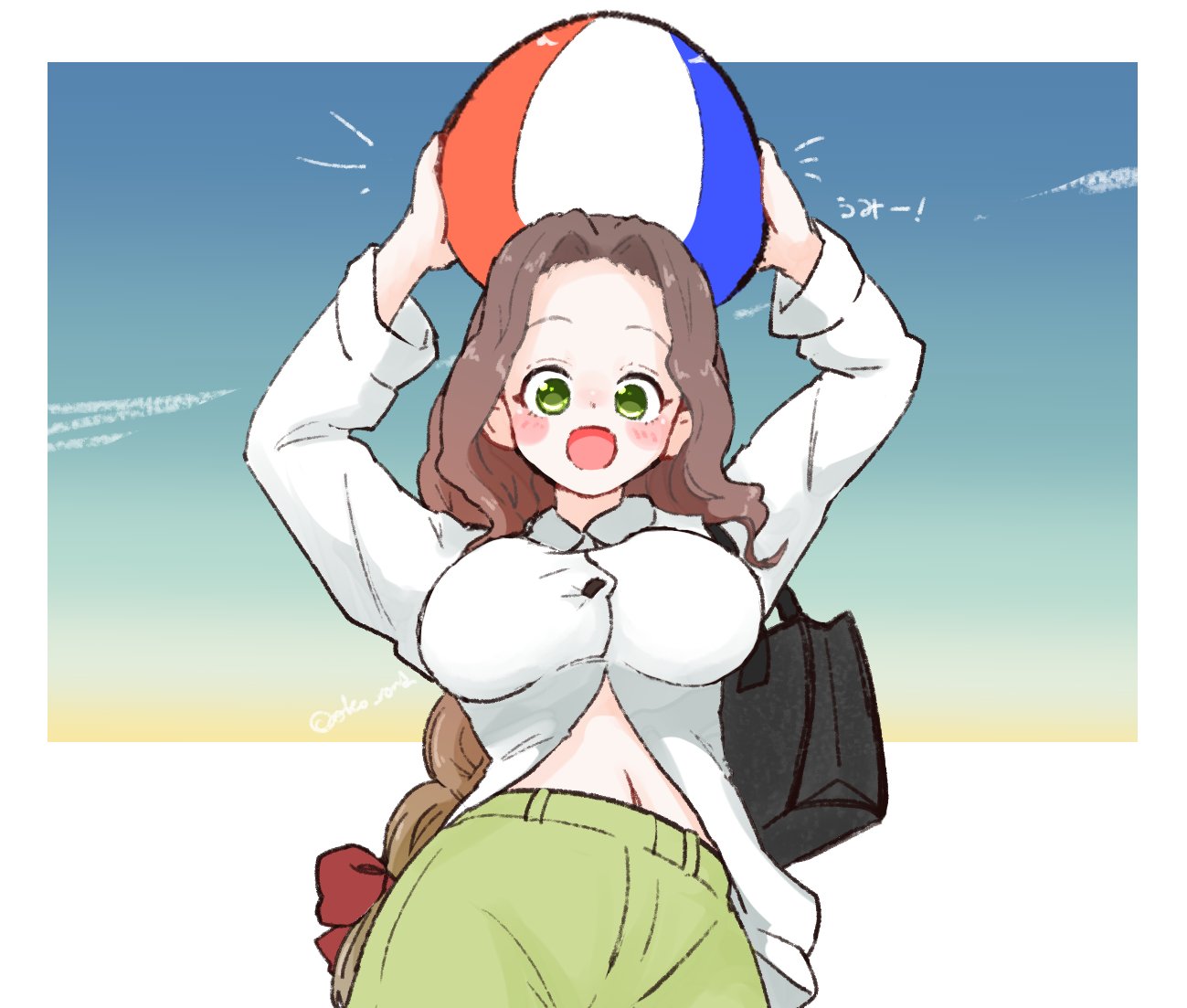 olto rondo, original, commentary request, 1girl, :o, arms up, ball, beach volleyball, blue background, blue sky, blush stickers, border, bow, braid, braided ponytail, breasts, brown hair, cowboy shot, forehead, green eyes, green shorts, hair bow, holding, holding ball, large breasts, long hair, looking at viewer, open mouth, outside border, partially unbuttoned, raised eyebrows, red bow, shirt, shorts, sky, solo, tareme, white border, white shirt
