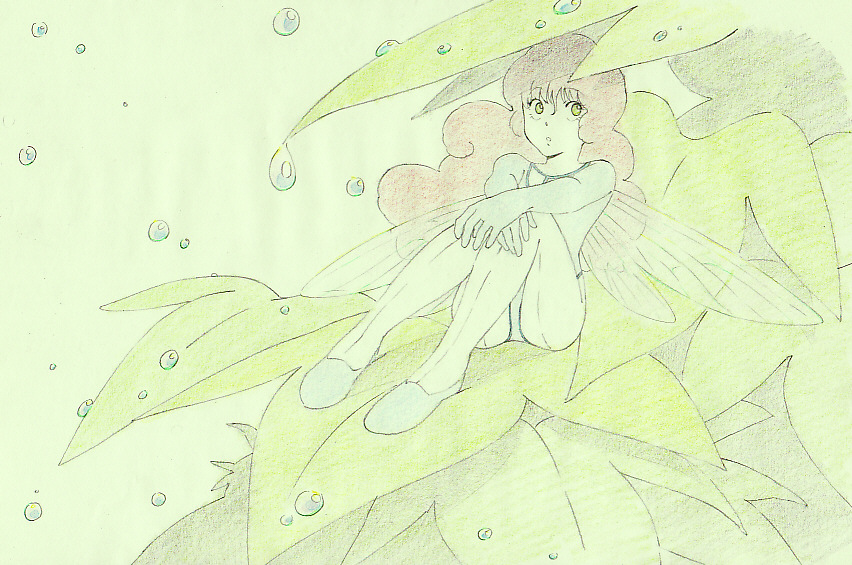 hachi (pixiv461949), cham fau, seisenshi dunbine, 1980s (style), bad id, bad pixiv id, colored pencil (medium), traditional media, bodysuit, fairy, green eyes, leaf, leotard, long hair, oldschool, pink hair, retro artstyle, sitting, solo, water, wings