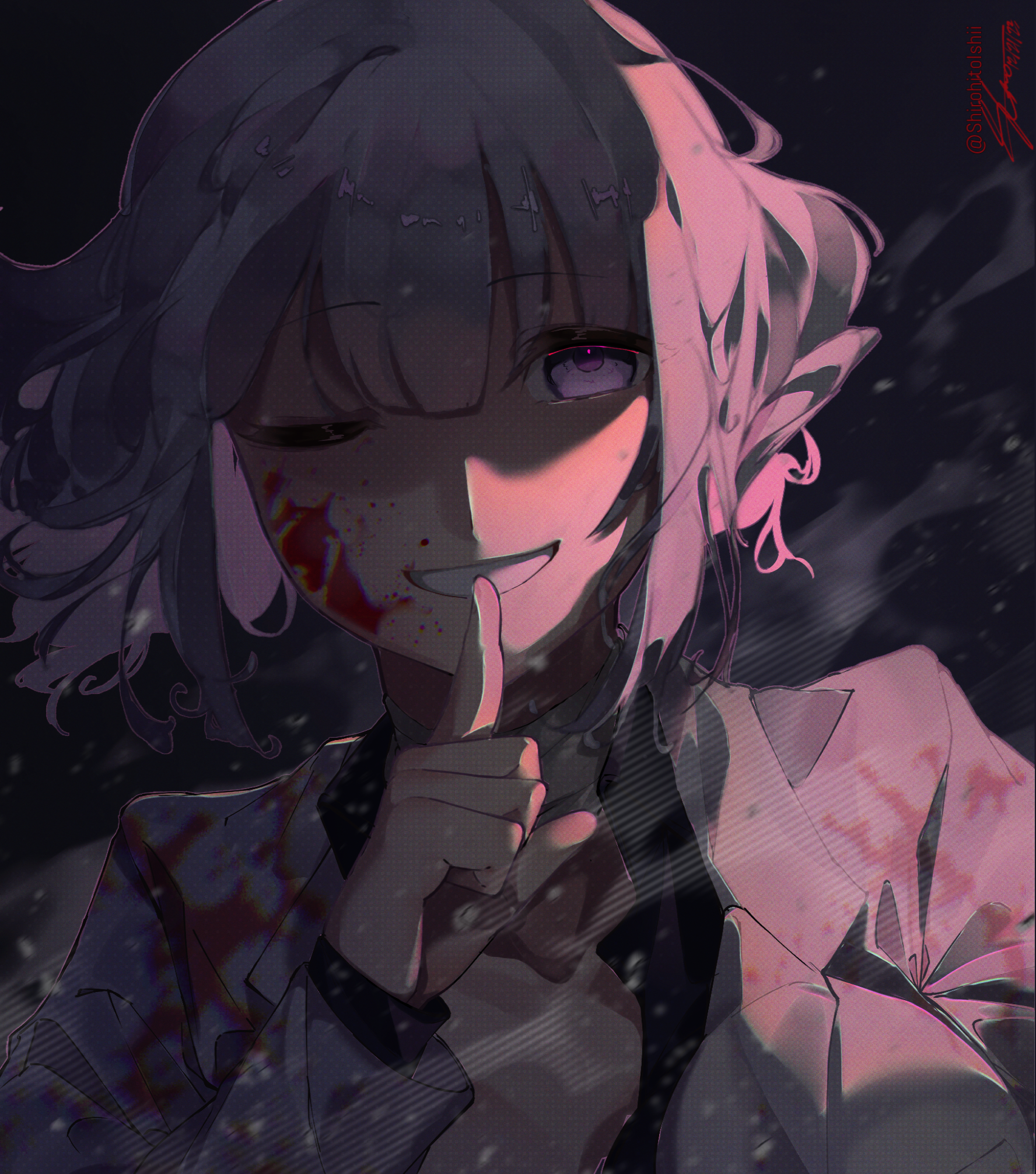 rpk-16 (girls' frontline), girls' frontline, commentary, english commentary, highres, 1girl, blood, blood on clothes, blood on face, breasts, chromatic aberration, collarbone, finger to mouth, hand up, hiro henuri, index finger raised, looking at viewer, medium breasts, medium hair, one eye closed, portrait, purple eyes, shushing, signature, smile, solo, twitter username, white hair, wind