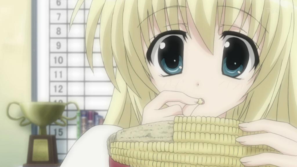 shiina mafuyu, seitokai no ichizon, anime screenshot, non-web source, 00s, 1girl, blonde hair, blue eyes, blurry, corn, depth of field, eating, female focus, food, solo