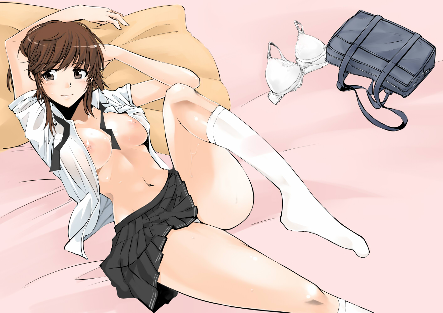 cosaten, sakurai rihoko, amagami, 1girl, blush, bra, breasts, brown eyes, brown hair, female focus, large breasts, lingerie, nipple slip, nipples, no bra, open clothes, open shirt, panties, pantyshot, school uniform, shirt, short hair, skirt, solo, underwear