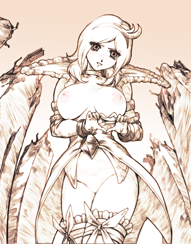 hisahiko, eas (fresh precure!), higashi setsuna, fresh precure!, precure, 00s, 1girl, blush, breasts, choker, cleft of venus, female focus, four-finger heart hands, heart, heart hands, large breasts, monochrome, nipples, no panties, pussy, sepia, solo, thighhighs, uncensored