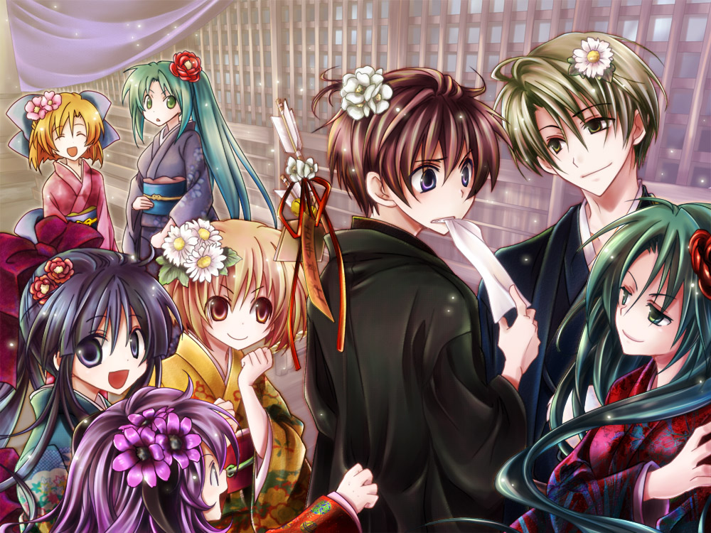 gepan, furude rika, hanyuu, houjou satoko, houjou satoshi, maebara keiichi, ryuuguu rena, sonozaki mion, sonozaki shion, higurashi no naku koro ni, bad id, bad pixiv id, 00s, 2boys, 5girls, alternate costume, blonde hair, bow, flower, hair bow, hair flower, hair ornament, horns, japanese clothes, kimono, long hair, multiple boys, multiple girls, ponytail, short hair, shrine, siblings, sisters, smile, twins, very long hair