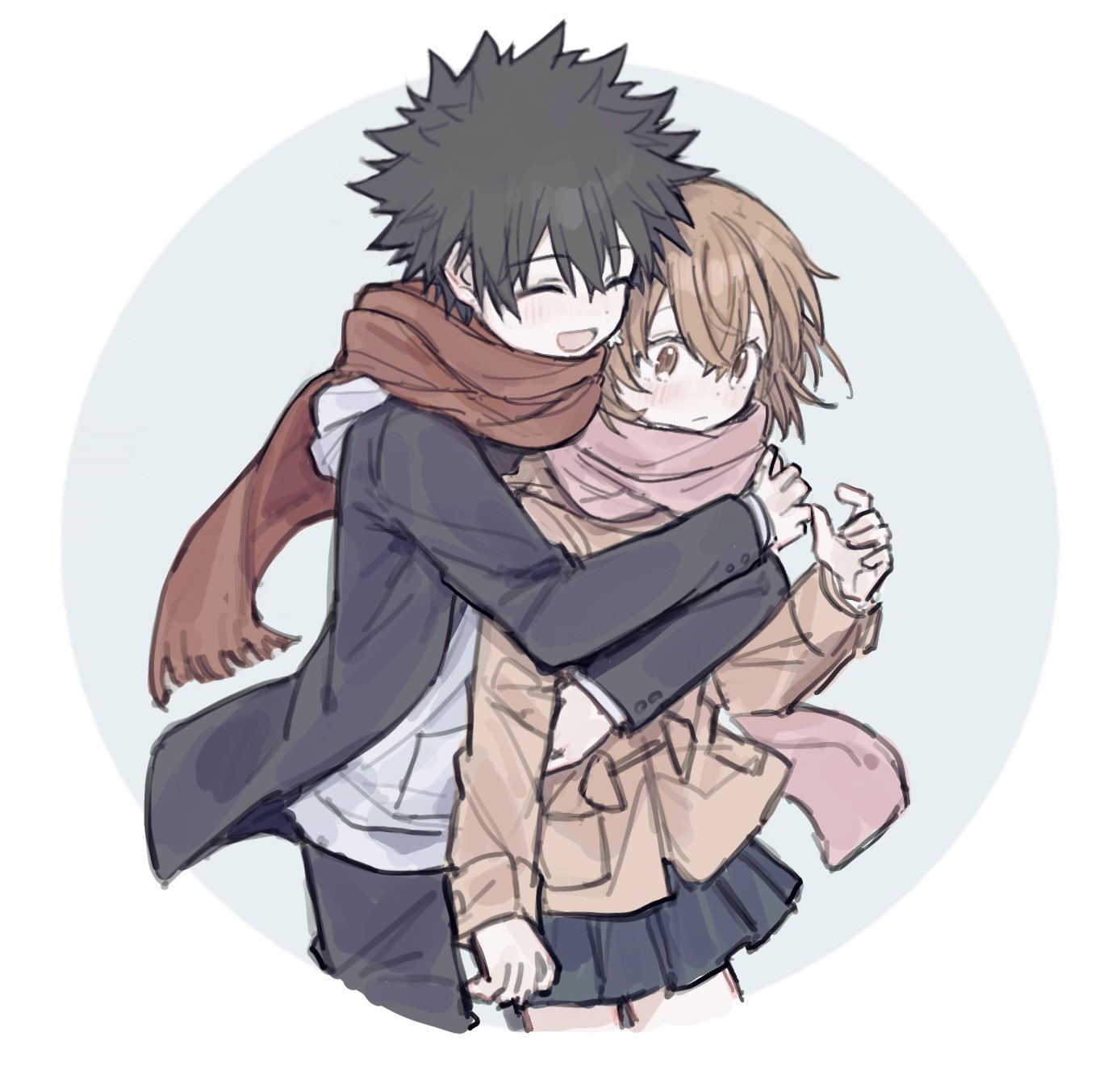 kamijou touma, misaka mikoto, toaru kagaku no railgun, toaru majutsu no index, toaru majutsu no index: new testament, commentary request, highres, 1boy, 1girl, :d, a certain high school uniform, black hair, black jacket, black pants, black skirt, brown coat, brown eyes, brown hair, brown scarf, coat, hug, hug from behind, jacket, miniskirt, mxnyal, open mouth, pants, pink scarf, pleated skirt, scarf, school uniform, short hair, simple background, skirt, smile, spiked hair, surprised, tokiwadai school uniform