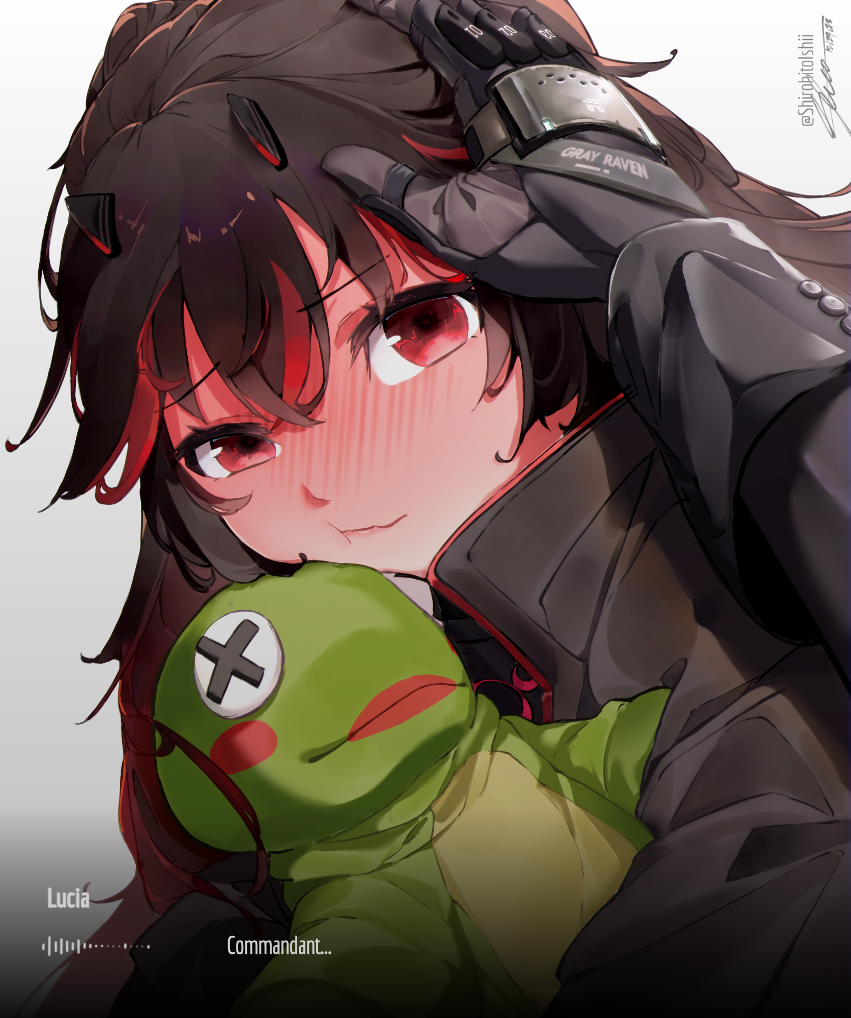 commandant (pgr), lucia: plume (pgr), lucia (pgr), punishing: gray raven, commentary, english commentary, highres, 1girl, 1other, black gloves, black hair, blush, character name, closed mouth, dialogue box, gloves, headgear, headpat, hiro henuri, holding, holding stuffed toy, long hair, looking at viewer, multicolored hair, nose blush, pov, pov hands, red eyes, signature, streaked hair, stuffed animal, stuffed toy, twitter username