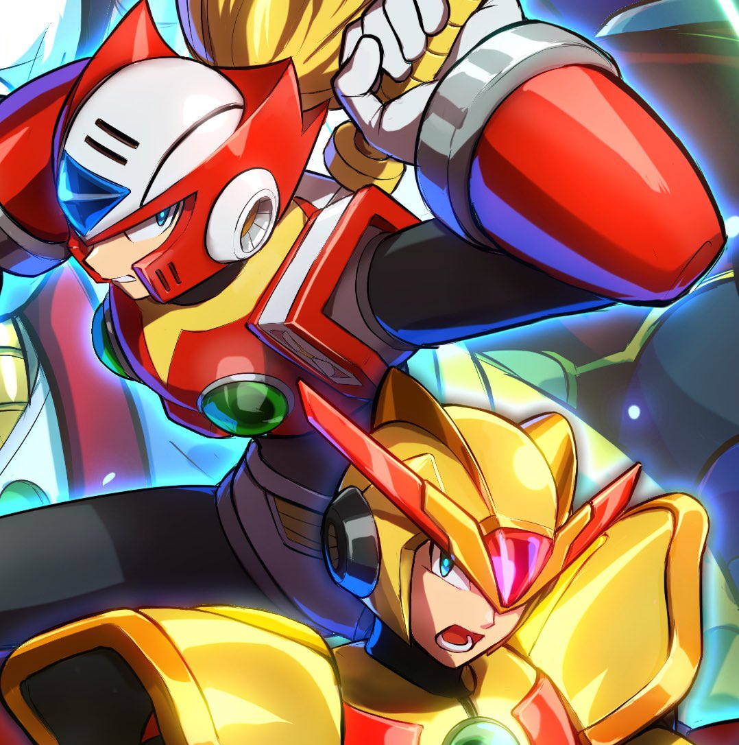 hoshi mikan, bit (mega man), byte (mega man), dr. doppler (mega man), third armor x (mega man), x (mega man), zero (mega man), mega man (series), mega man x3, mega man x (series), commentary request, 5boys, android, arm cannon, battle, beard, blonde hair, clenched hand, facial hair, green eyes, grin, helmet, long hair, male focus, multiple boys, open mouth, red eyes, serious, smile, weapon, white hair, z saber