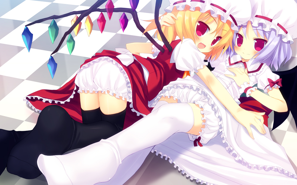 meito (maze), flandre scarlet, remilia scarlet, touhou, black legwear, light purple hair, white legwear, 2girls, bat wings, blonde hair, bloomers, checkered floor, feet, female focus, flat chest, floor, hat, lying, multiple girls, on floor, perspective, red eyes, short hair, siblings, sisters, thighhighs, underwear, wings