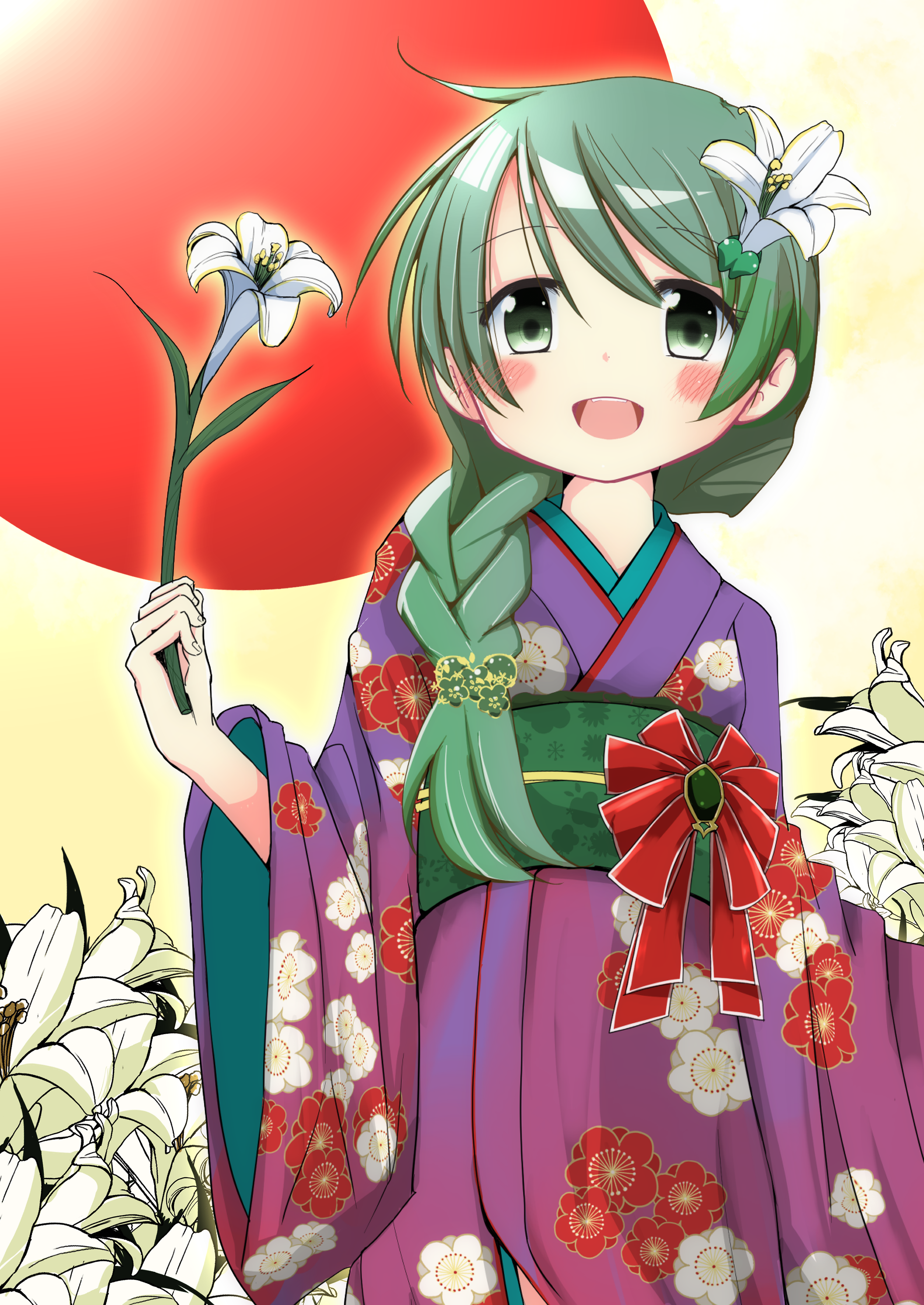 runa44, natsume (hidamari sketch), hidamari sketch, absurdres, commentary request, highres, 1girl, :d, blush, braid, camellia print, floral print, floral print kimono, flower, green eyes, green hair, hair flower, hair ornament, hair over shoulder, holding, holding flower, japanese clothes, kimono, lily (flower), long hair, long sleeves, looking at viewer, new year, obi, open mouth, print kimono, purple kimono, red sun, sash, smile, solo, wide sleeves