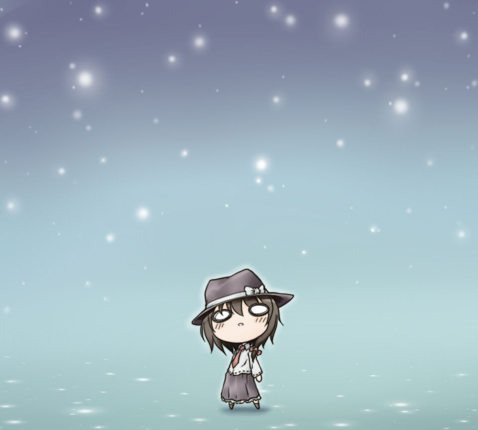 nekoguruma, usami renko, ghostly field club, touhou, 1girl, bow, brown hair, female focus, full body, gradient background, hair bow, hat, necktie, snow, solo, standing