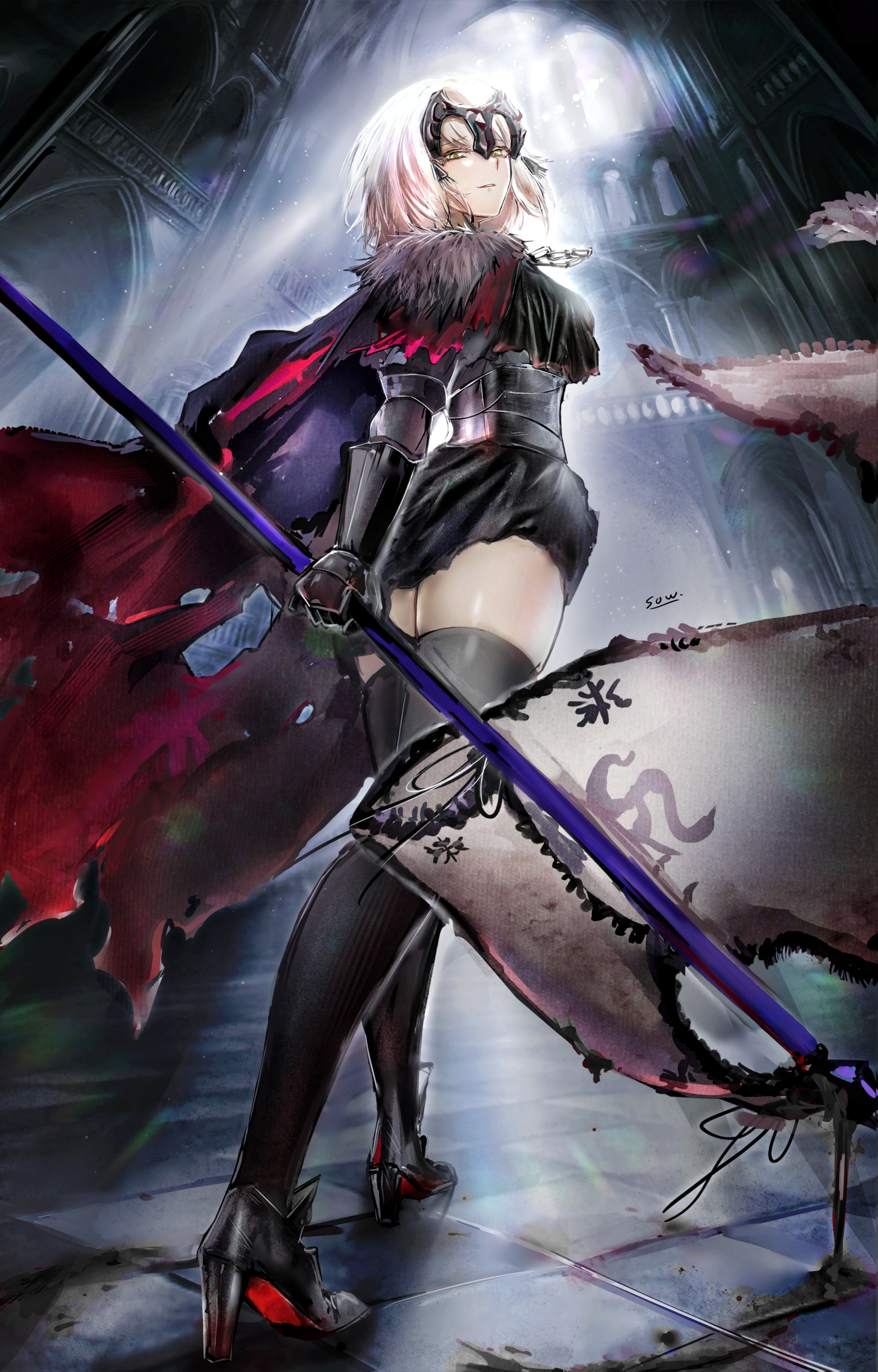 sow graden429, jeanne d'arc alter (avenger) (fate), jeanne d'arc alter (fate), fate/grand order, fate (series), absurdres, commentary request, highres, 1girl, armor, armored dress, black cloak, black dress, black thighhighs, breasts, chain, cloak, collar, dress, faulds, flag, gauntlets, grey hair, headpiece, high heels, large breasts, looking at viewer, metal collar, plackart, polearm, short hair, solo, thighhighs, thighs, weapon, yellow eyes