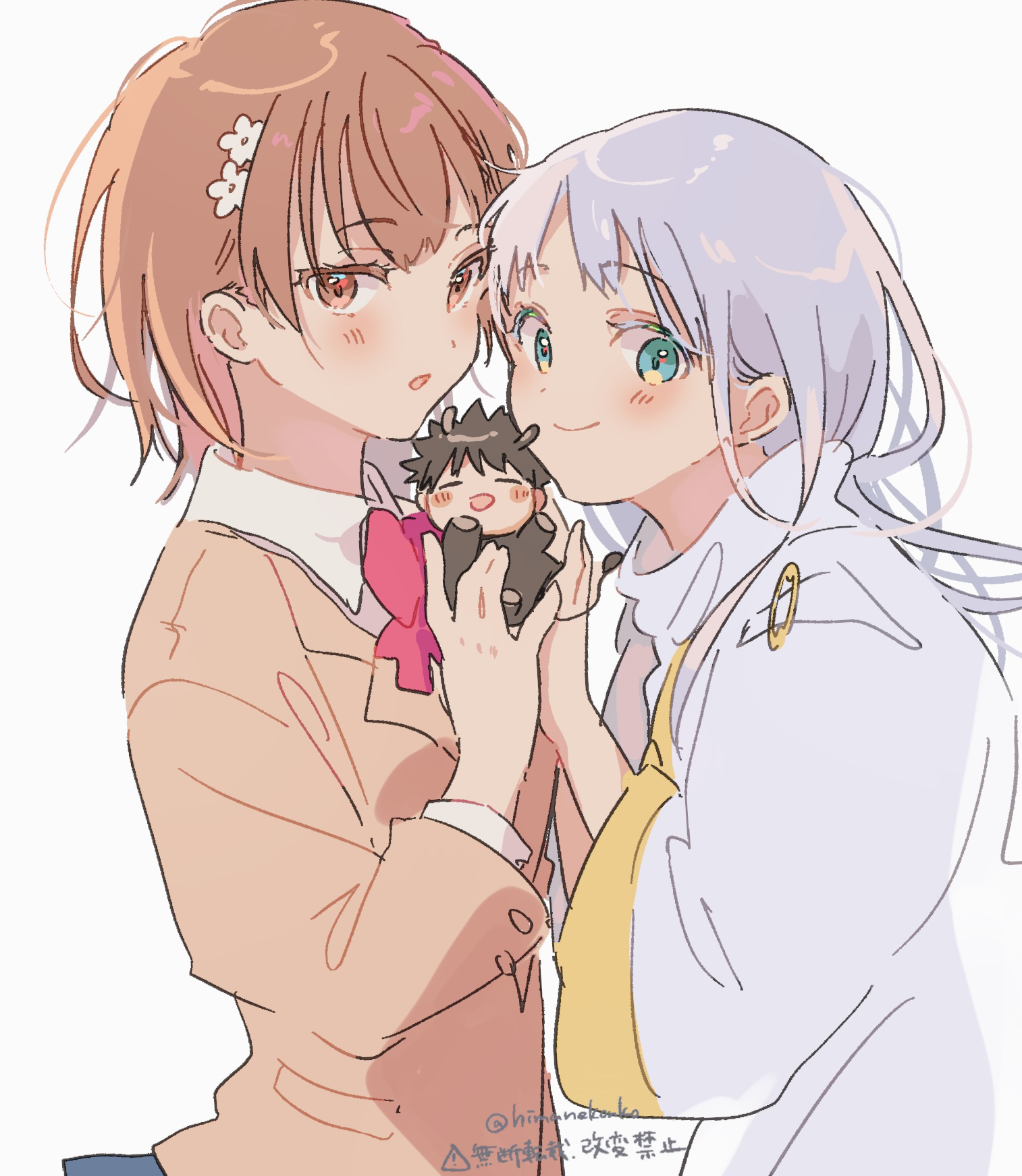 himaneko., index (toaru majutsu no index), kamijou touma, misaka mikoto, toaru majutsu no index, commentary request, highres, 1boy, 2girls, animal costume, black hair, bow, bowtie, brown eyes, brown hair, brown jacket, chibi, collared shirt, green eyes, grey hair, hair ornament, hairpin, jacket, long hair, medium hair, multiple girls, red bow, red bowtie, reindeer costume, robe, safety pin, school uniform, shirt, short hair, smile, tokiwadai school uniform, twitter username, white background, white robe, white shirt, winter uniform