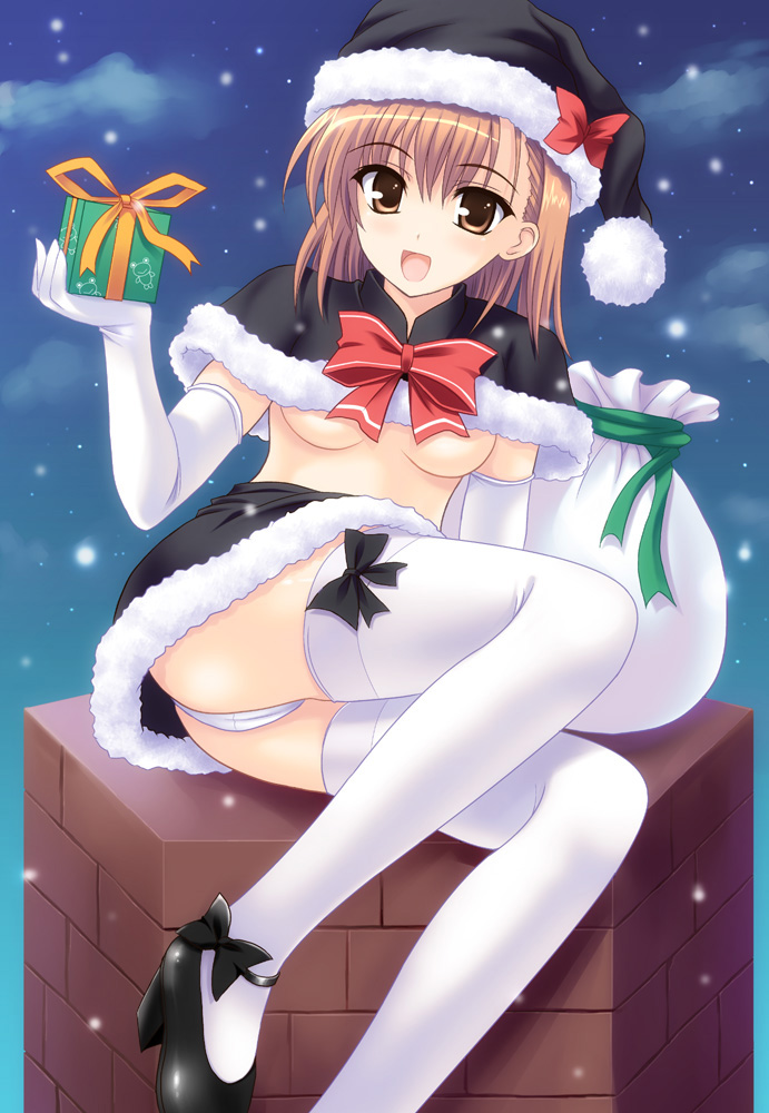 rakkyo, misaka mikoto, toaru kagaku no railgun, toaru majutsu no index, 00s, 1girl, bag, black santa costume, blush, breasts, brown eyes, brown hair, elbow gloves, female focus, gift, gloves, hat, holding, holding gift, open mouth, panties, sack, santa costume, santa hat, snow, solo, thighhighs, underboob, underwear, white thighhighs