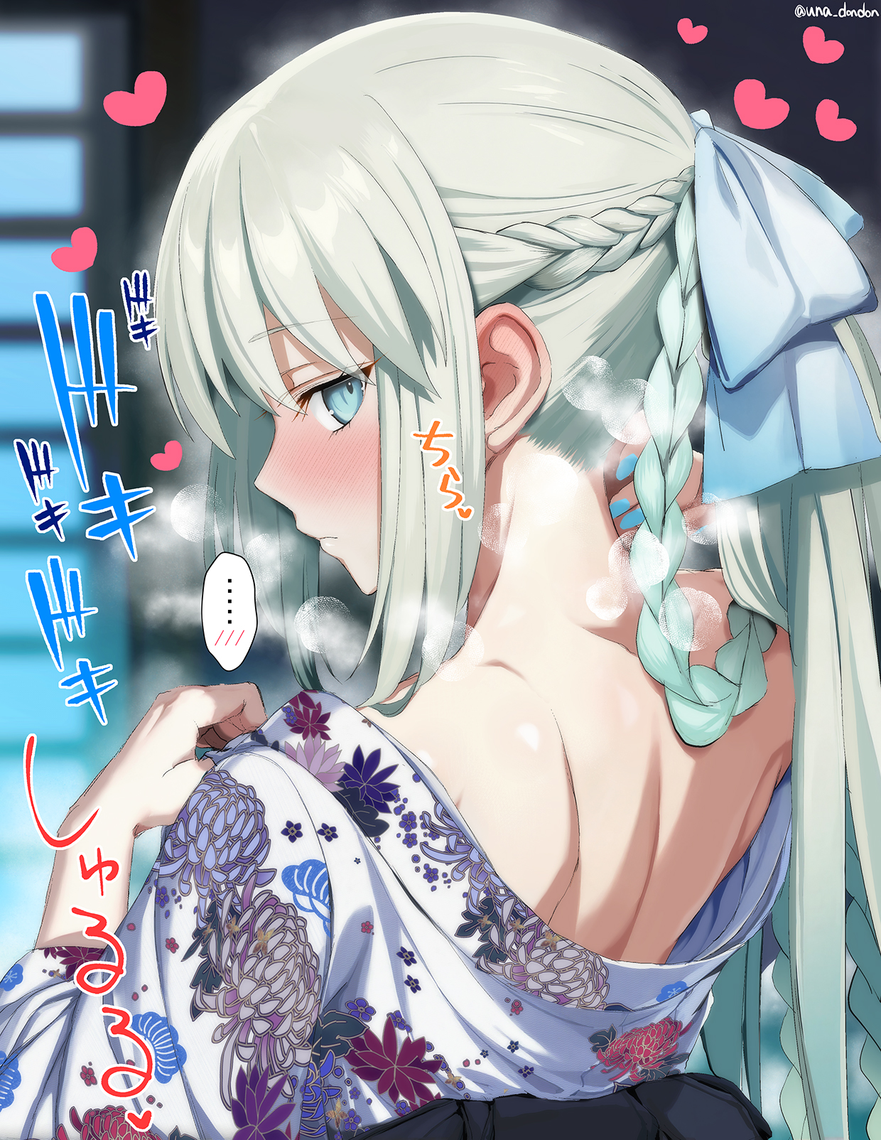 unadon, morgan le fay (fate), morgan le fay (fgo fes. 2023) (fate), fate/grand order, fate (series), highres, 1girl, back, bare shoulders, blue bow, blue eyes, blush, bow, braid, floral print, flower, grey hair, hair bow, hair flower, hair ornament, japanese clothes, kimono, long hair, long sleeves, looking at viewer, looking back, off shoulder, ponytail, sash, sidelocks, solo, very long hair, white kimono, wide sleeves