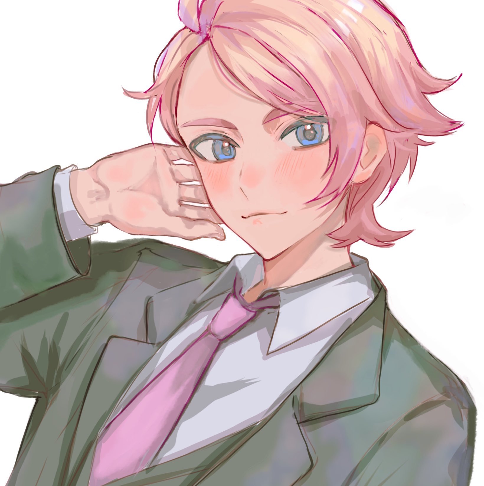 mofumofuyarou, urbain (pokemon), nintendo, pokemon, pokemon legends: z-a, commentary request, highres, 1boy, alternate costume, blonde hair, blue eyes, blush, closed mouth, collared shirt, grey background, hand up, jacket, long sleeves, male focus, necktie, shirt, short hair, simple background, smile, solo, upper body