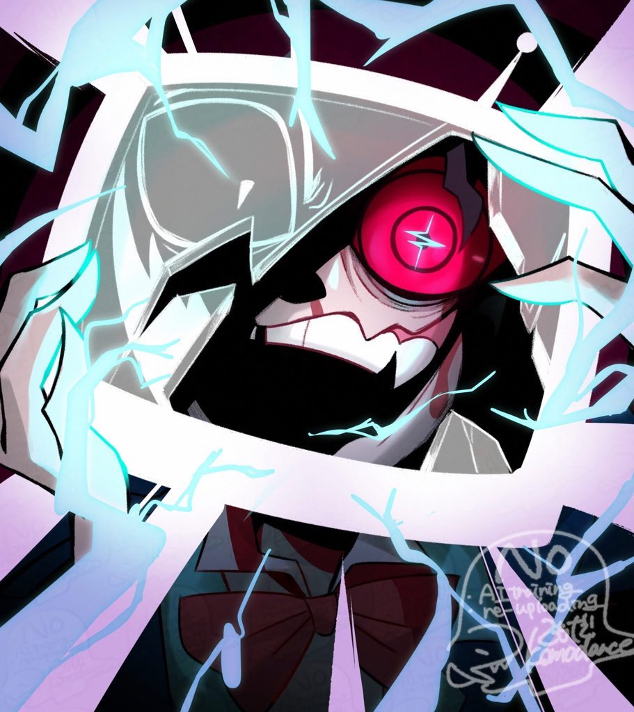 vox (hazbin hotel), vox (human) (hazbin hotel), hazbin hotel, hellaverse, commentary, english commentary, 1boy, :d, bow, bowtie, broken screen, colored sclera, fang, hands up, komodance, looking at viewer, open mouth, red bow, red bowtie, red sclera, smile, solo, television, upper body, watermark, white eyes