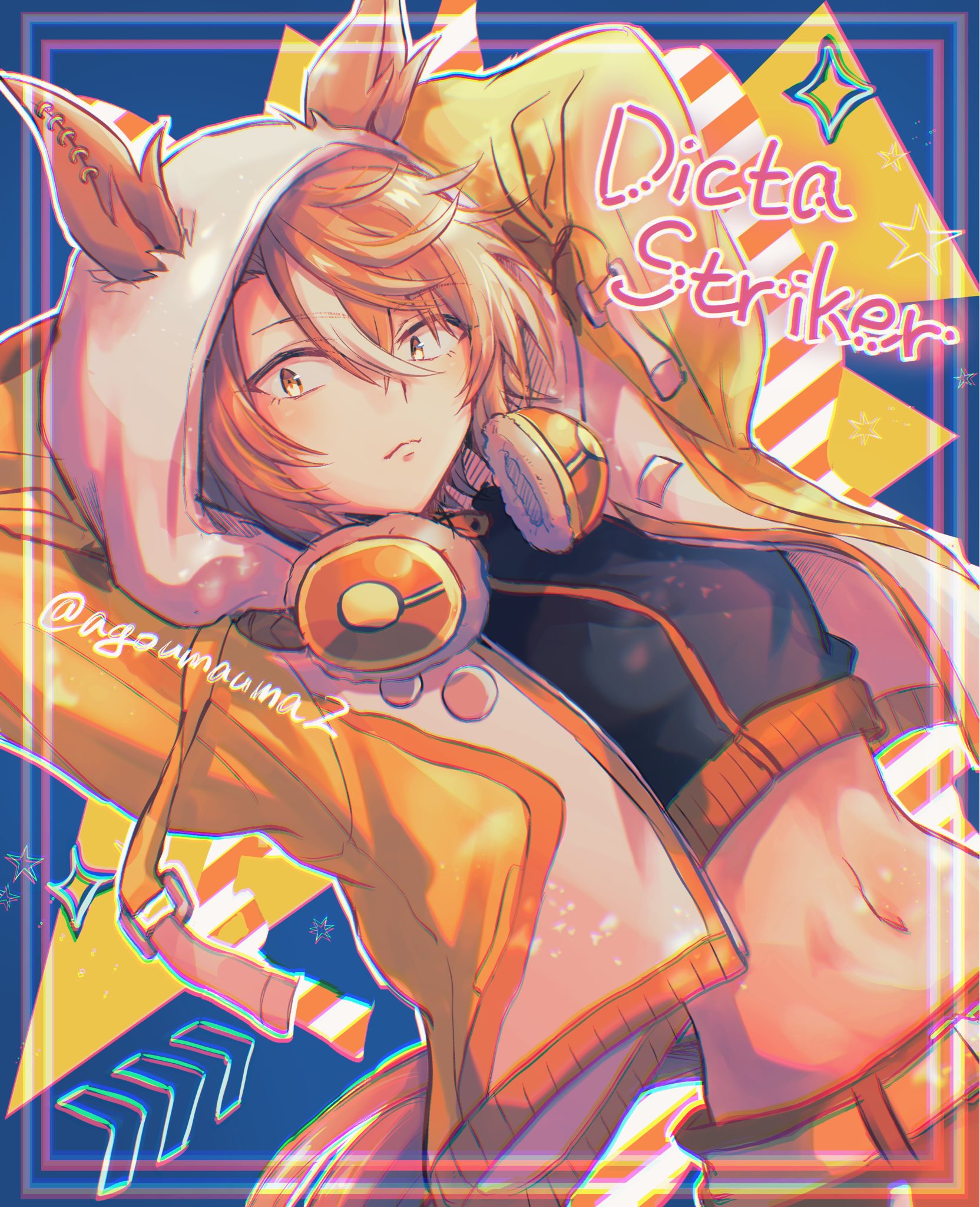 agoumauma2, dicta striker (umamusume), umamusume, umamusume: cinderella gray, commentary request, highres, 1girl, animal ears, arms behind head, belt, blush, breasts, brown hair, closed mouth, cropped shirt, ears through headwear, ears through hood, hair between eyes, headphones, headphones around neck, hood, hooded jacket, hoodie, horse ears, horse girl, horse tail, jacket, long sleeves, looking at viewer, midriff, multicolored hair, navel, pants, shirt, short hair, streaked hair, tail, white hair, white hood, yellow eyes, yellow jacket