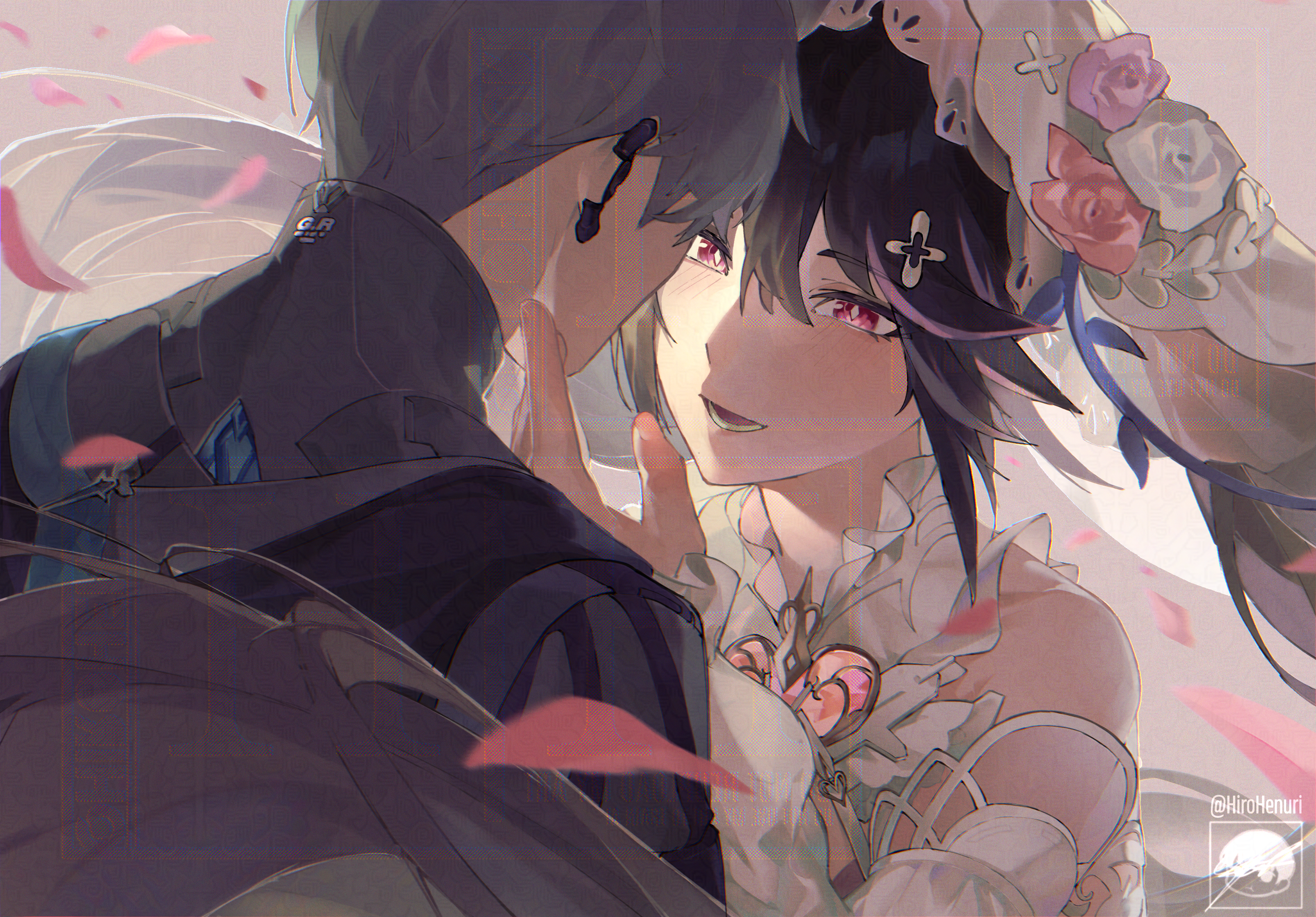 commandant (pgr), lucia: pyroath (love's dawn) (pgr), lucia (pgr), punishing: gray raven, commentary, english commentary, highres, textless version, 1boy, 1girl, bare shoulders, black hair, black jacket, detached sleeves, earpiece, grey hair, hair between eyes, hair ornament, hand up, hiro henuri, jacket, long hair, looking at another, official alternate costume, open mouth, petals, pink petals, red eyes, smile, veil, white veil